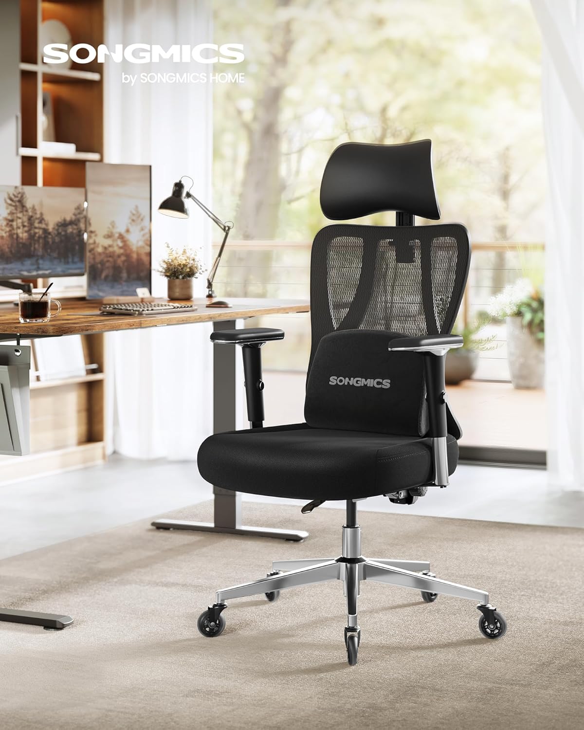 SONGMICS Bürostuhl, ergonomischer Schreibtischstuhl, Gaming-Stuhl, verstellbare Lendenwirbel-Kopfstütze, Armlehnen, verschiedene Höhen, 150 kg Tragkraft, Tintenschwarz, OBN067BH01 – Bild 2