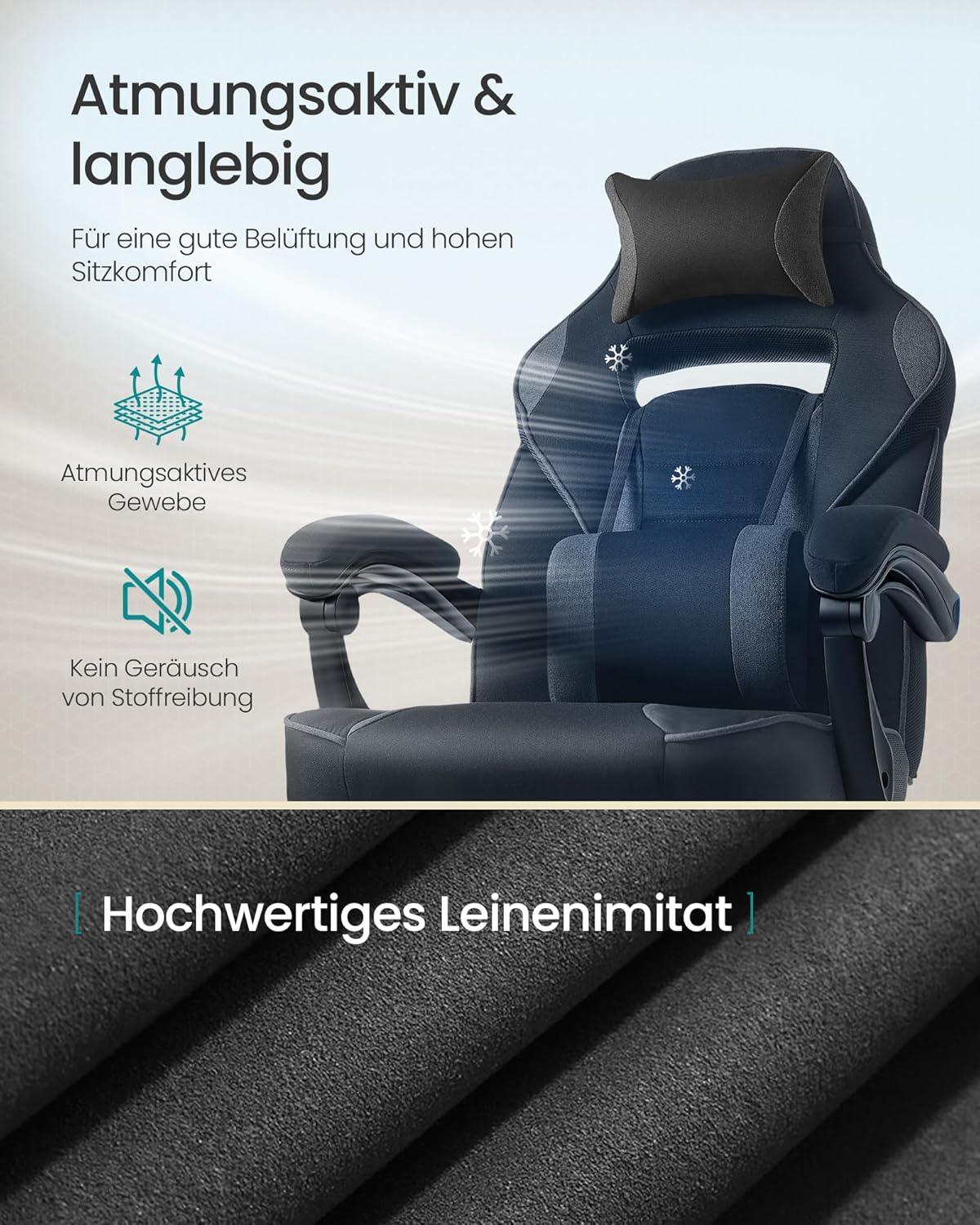 SONGMICS Gaming-Stuhl, Bürostuhl mit Fußstütze, Schreibtischstuhl mit Kopfstütze und Lendenkissen, höhenverstellbar, ergonomisch, maximale Belastung 150 kg, Tintenschwarz/Schiefergrau OBG073BH20 – Bild 4