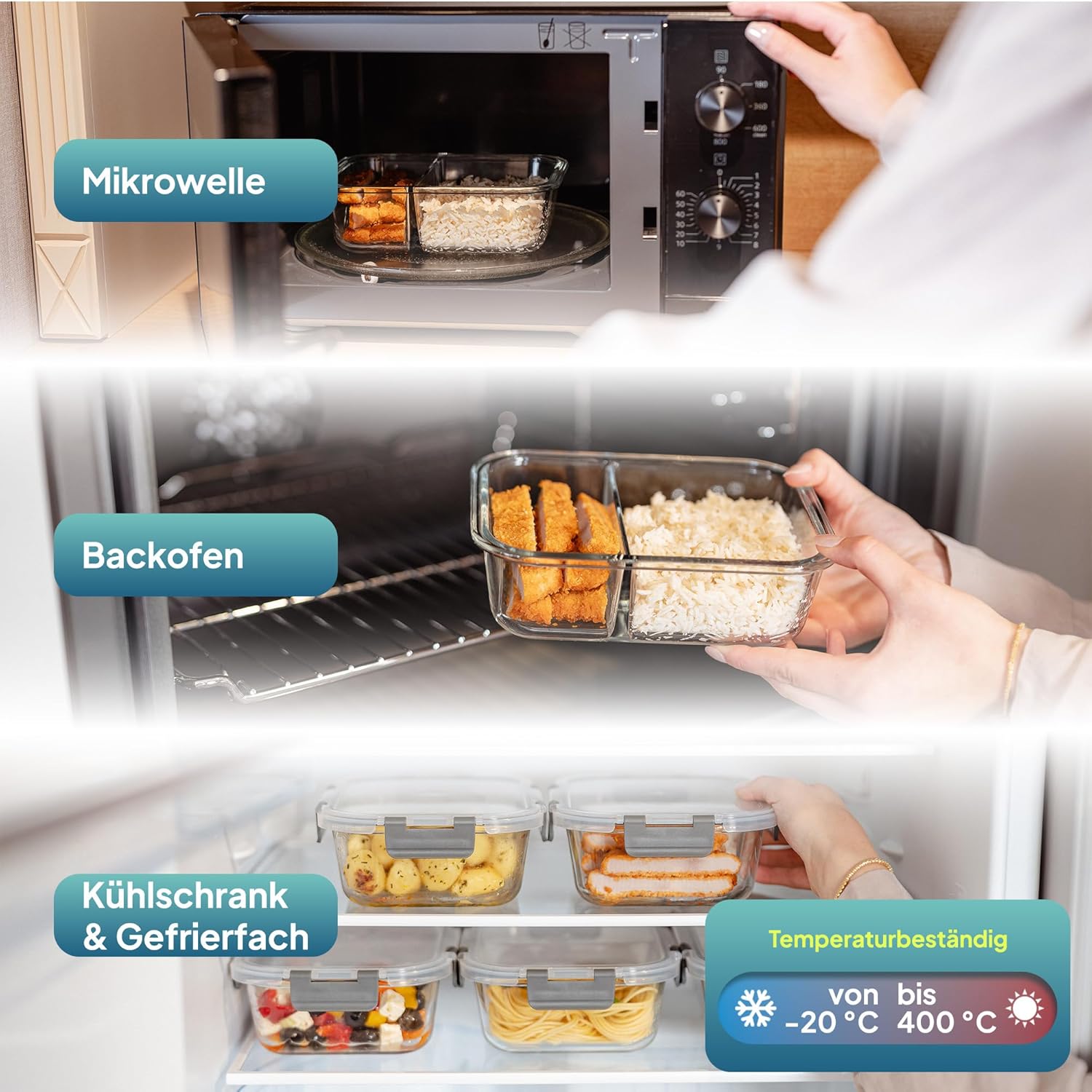 uandu Glasbehälter mit Deckel, 10 Stück, mit 2 Fächern, Borosilikatglas mit Deckel, Meal-Prep-Gläser, Frischhaltedosen aus Glas mit Deckel, Glasdosen mit Deckel-Set, Meal-Prep-Boxen, 5 Behälter + 5 Deckel – Bild 5