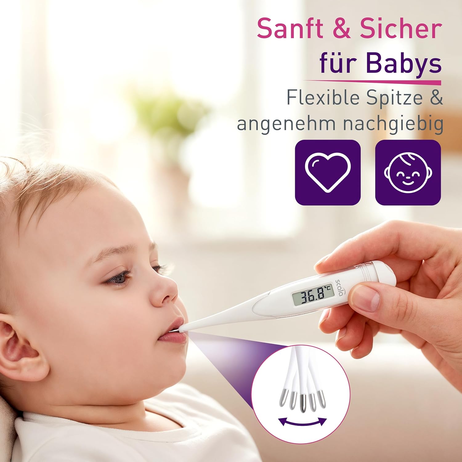 scala SC 28 flex Digitales Fieberthermometer – 10 Sekunden Messzeit, flexible Spitze, Fieberalarm, wasserdicht – oral, rektal und axillär – weiß – für Babys, Kinder und Erwachsene – Bild 3