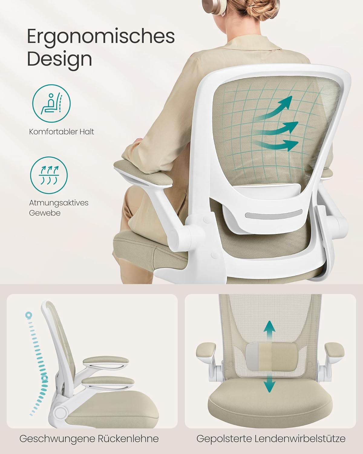 SONGMICS OBN037K02 Büro-Schreibtischstuhl, Netzdrehstuhl, ergonomisch, gepolsterte Lordosenstütze, Wippfunktion, 53 cm Sitzfläche, klappbare Armlehnen, Haferflockenbeige – Bild 7