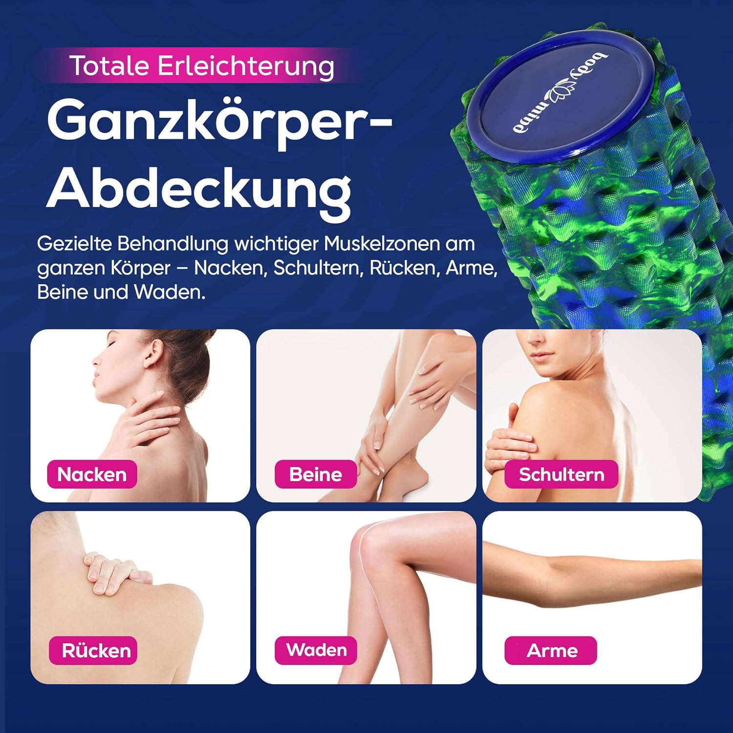 Body & Mind® Faszienrolle, Massagerolle, Fitnessrolle, Sportrolle, Therapierolle, Faszientraining für Oberkörper, Nacken, Rücken, Beine, Waden und alle anderen Muskelgruppen, 33 x 14,5 cm – Bild 7