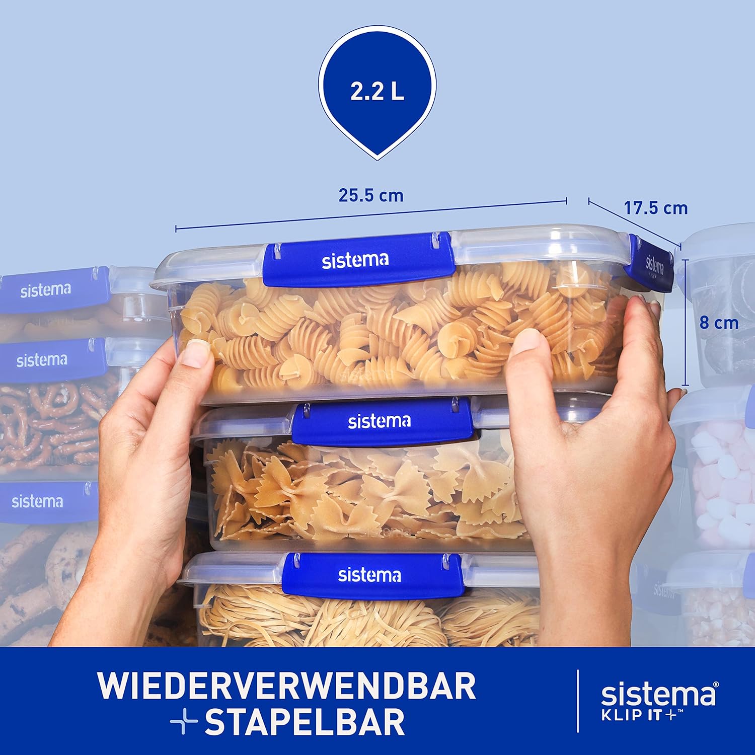 Sistema Klip It Plus Frischhaltedosen-Set, 2,2 Liter, auslaufsichere, stapelbare und luftdichte Vorratsdosen mit Deckel, geeignet für Kühl-/Gefrierschrank, BPA-freier Kunststoff, 3 Stück – Bild 4