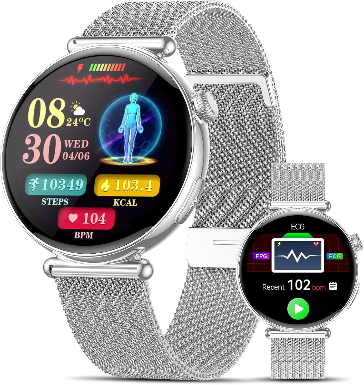 2026 Damen-Smartwatch mit EKG-/Blutdruckmessung, 1,32 Zoll AOD-Gesundheitsuhr mit AI-Zifferblatt und AI Smart Q&A, Bluetooth-Anrufe/SpOE₂/Schlaf/Puls/HRV/BMI/Menstruationszyklus/Stress, kleine Runde