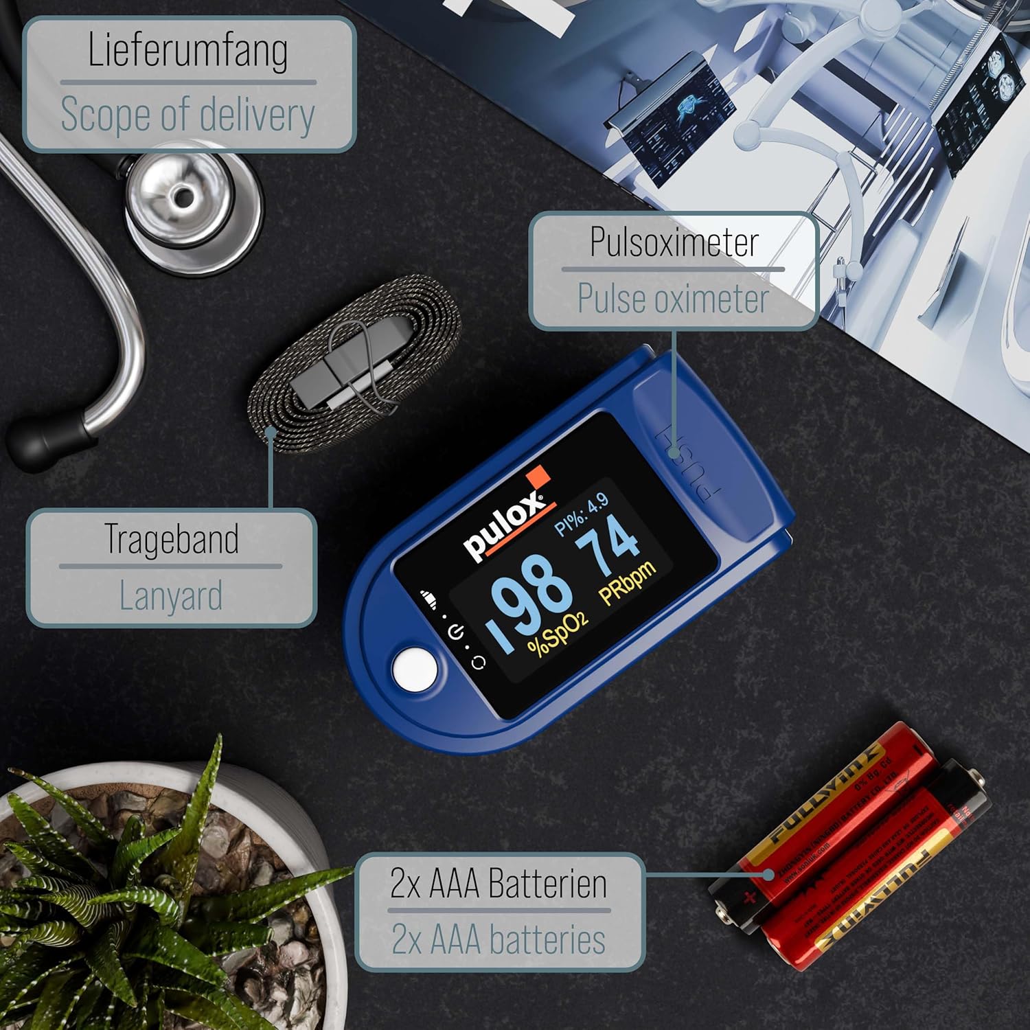 Pulsoximeter PULOX PO-200 Solo Fingerpulsoximeter zur Messung von Puls und Sauerstoffsättigung am Finger | Mit Präzisionsanzeige zur zuverlässigen Kontrolle von Sauerstoffsättigung, Herzfrequenz und Perfusionsindex – Bild 5