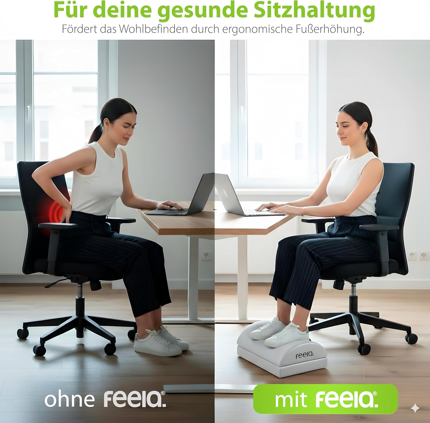 Feela. Fußstützen-Schreibtisch (Vergleichssieger) – Ergonomischer Fußhocker mit Premium-Schaumstoffkern & integriertem Wärmekissen – rutschfest, höhenverstellbar, Schreibtischzubehör (Silber) – Bild 5