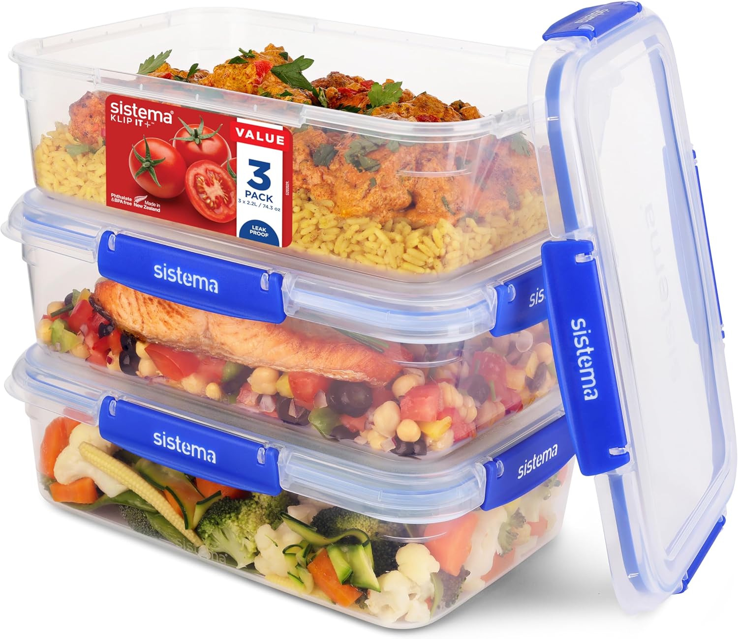 Sistema Klip It Plus Frischhaltedosen-Set, 2,2 Liter, auslaufsichere, stapelbare und luftdichte Vorratsdosen mit Deckel, geeignet für Kühl-/Gefrierschrank, BPA-freier Kunststoff, 3 Stück