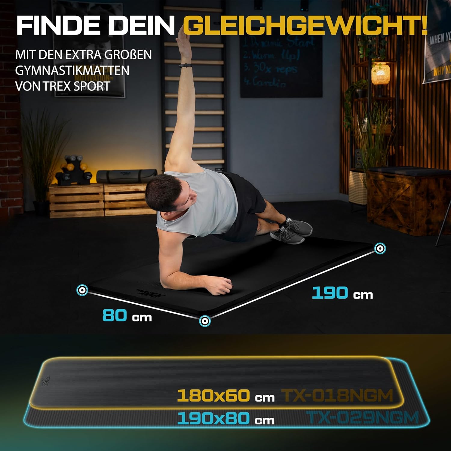 TREX SPORT Gymnastikmatte Fitnessmatte 2 cm TX-029NGM NBR Yogamatte Pilates 190 x 80 x 2 cm Trainingsmatte rutschfeste wasserdichte Sportmatte – Bild 2