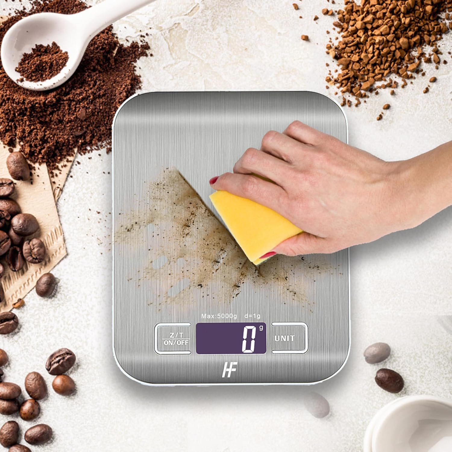 Home Fashion Digitale Küchenwaage, Lebensmittelwaage aus Edelstahl mit 5 kg Tragkraft und 1 g Präzision, Küchenwaage mit beleuchtetem LCD-Display, 5 Einheiten, Tara-Funktion, Silber – Bild 6
