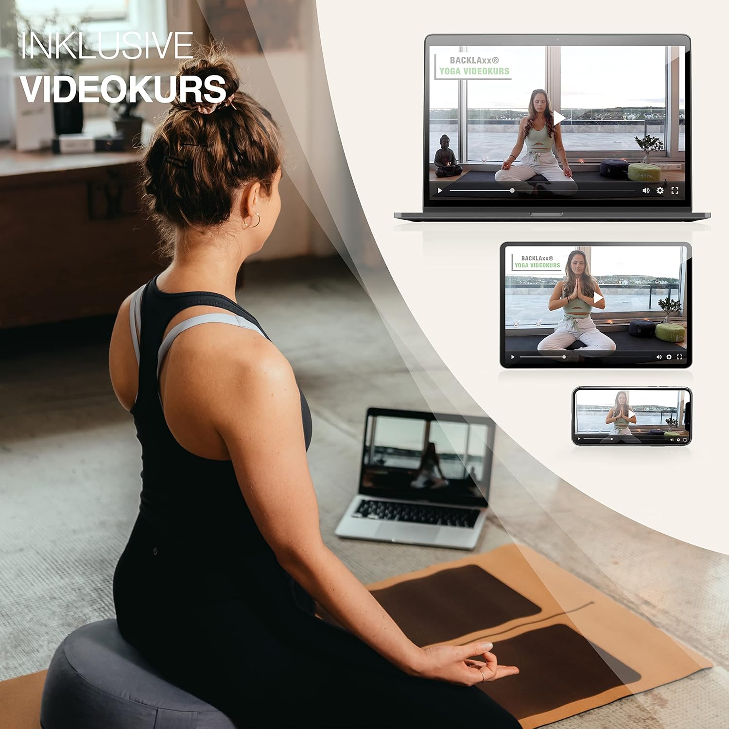 Backlaxx Yogakissen Meditationskissen XL 35 cm 30 % mehr Sitzfläche 15 cm hoch mit Buchweizenfüllung Yoga Sitzkissen Unterlage Perfektes Meditationszubehör Yogakissen rund inkl. Videokurs – Bild 7