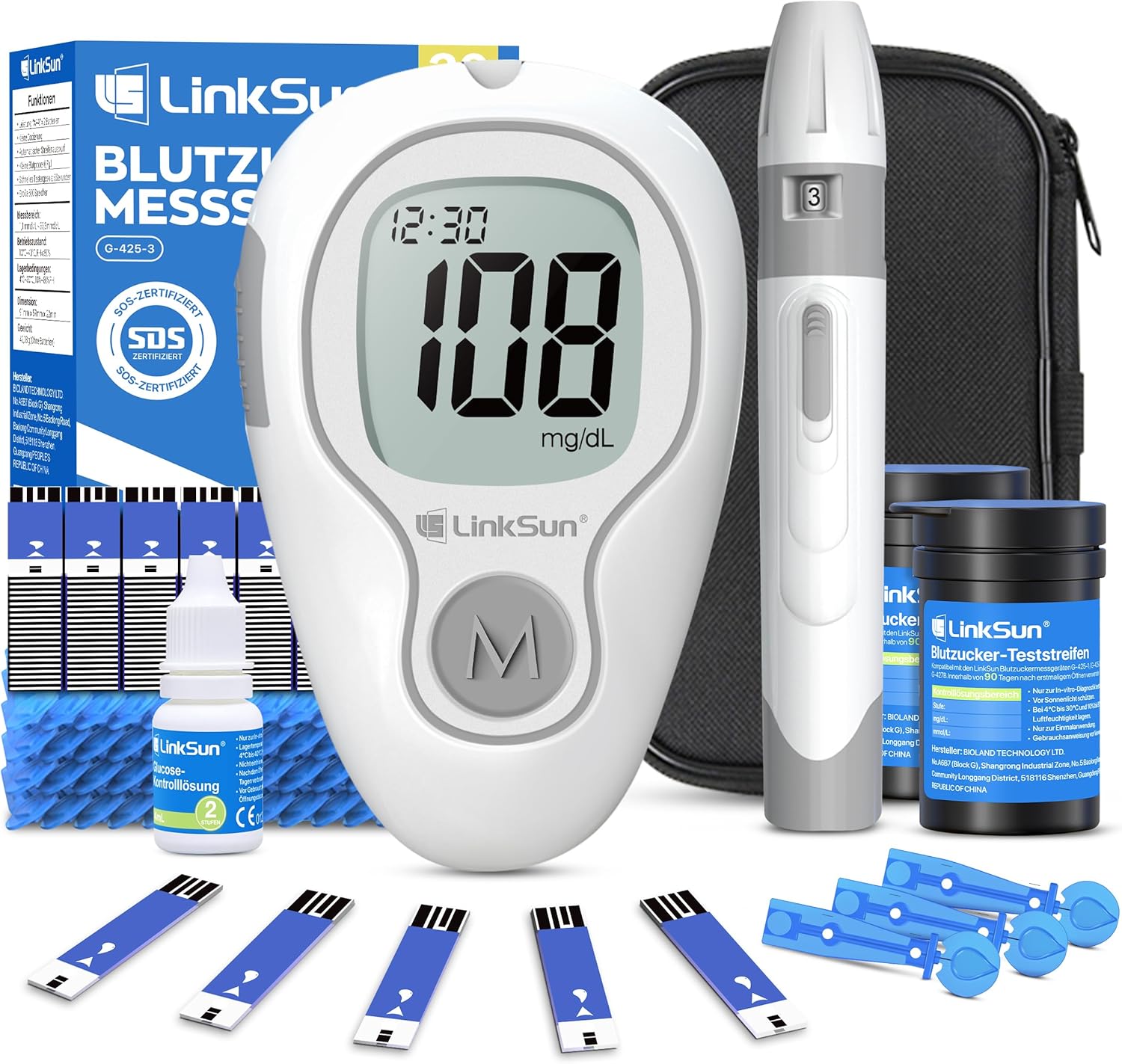 LinkSun G-425-3 Blutzuckermessgerät-Set (mg/dl) mit 100 Teststreifen, 100 Lanzetten, Stechhilfe, Glukosekontrolllösung, codefrei, mg/dl und mmol/l