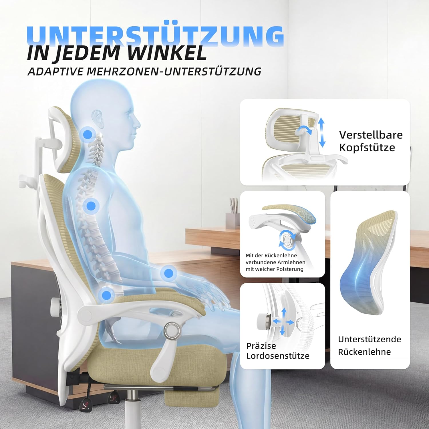 CYKOV Ergonomischer Bürostuhl mit Fußstütze, Bürostuhl & Gaming-Stuhl 150 kg+, 90-160° verstellbare Rückenlehne, verstellbare Lendenwirbelstütze und Kopfstütze, PC-Stuhl & Drehstuhl für Home Office – Bild 7