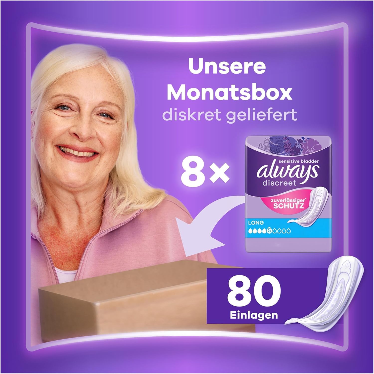 Always Discreet Inkontinenzeinlagen lang, 80 Einlagen (4 x 20 Stück), Monatspackung, diskreter Schutz und hohe Saugfähigkeit, schließt Gerüche und Flüssigkeit sofort ein (Verpackung kann variieren) – Bild 2