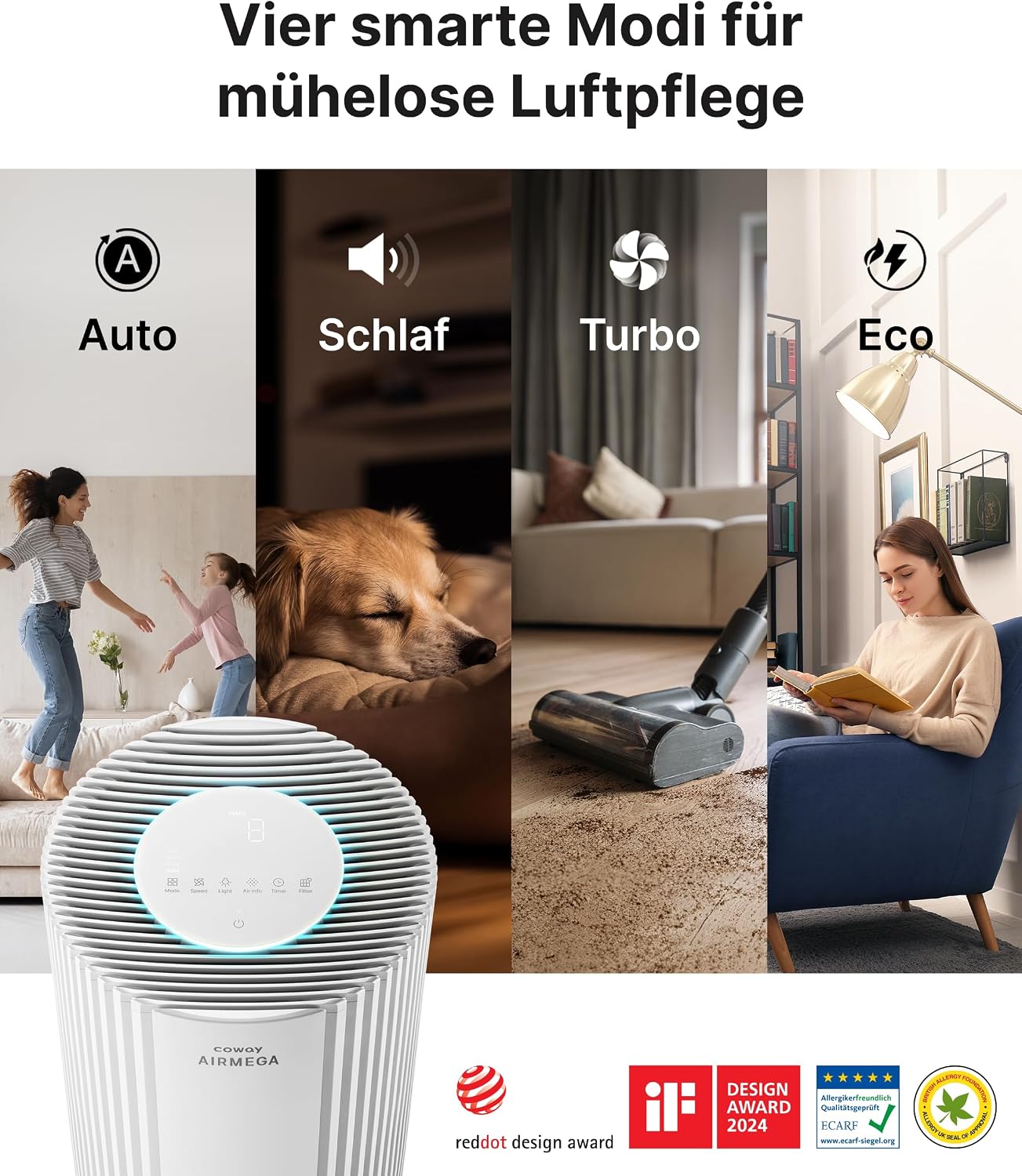 COWAY Luftreiniger für große Räume, CADR 734 m³/h, reinigt 153 m² in 30 Minuten, HEPA-Filter gegen Rauch, Allergien, Tierhaare, Gerüche, PM1/2,5/10 AQI-Display, Energiesparmodus, AIRMEGA 450 weiß – Bild 8