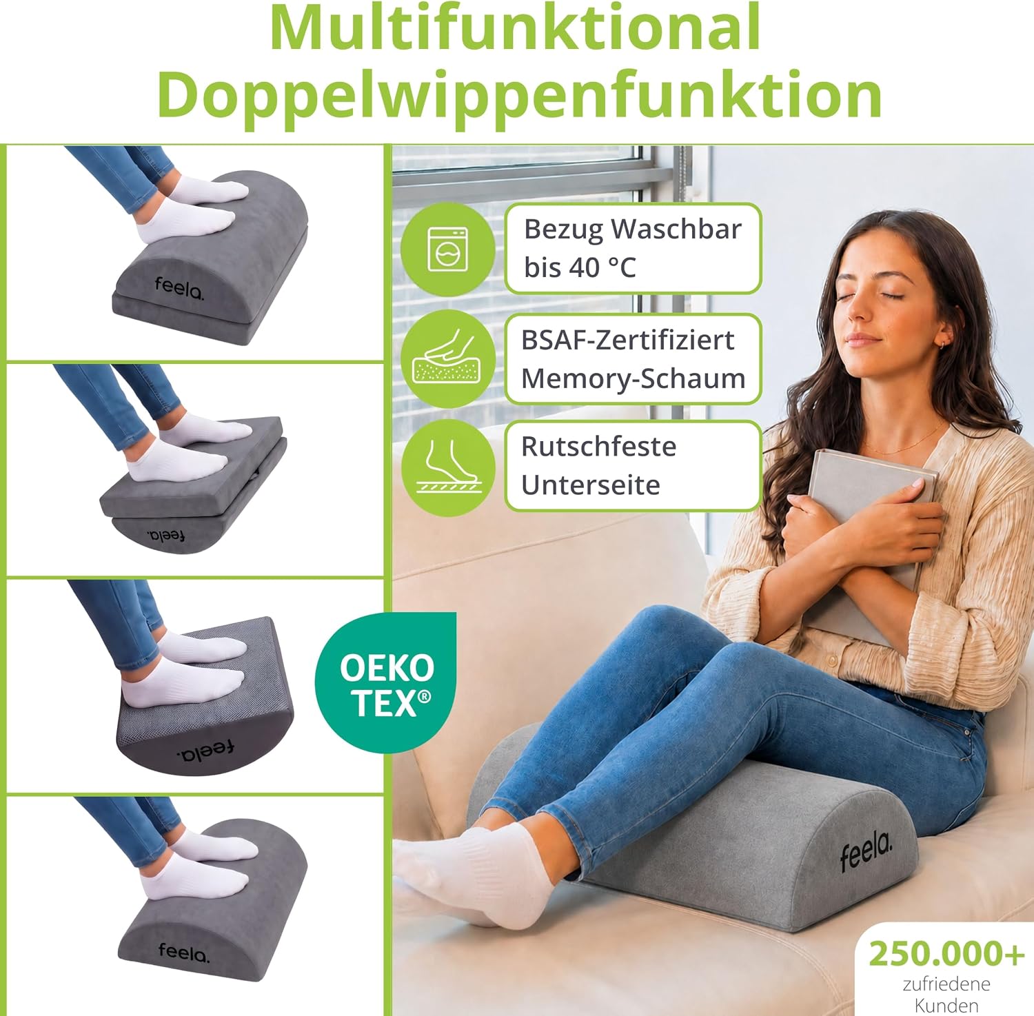 Feela. Schreibtisch-Fußstütze (Vergleichssieger) – Premium-Schaumstoffkern, höhenverstellbarer Fußhocker (rutschfest), ergonomische Fußstütze für Schreibtisch, Home-Office-Zubehör, Fußhocker (Dunkelgrau) – Bild 3