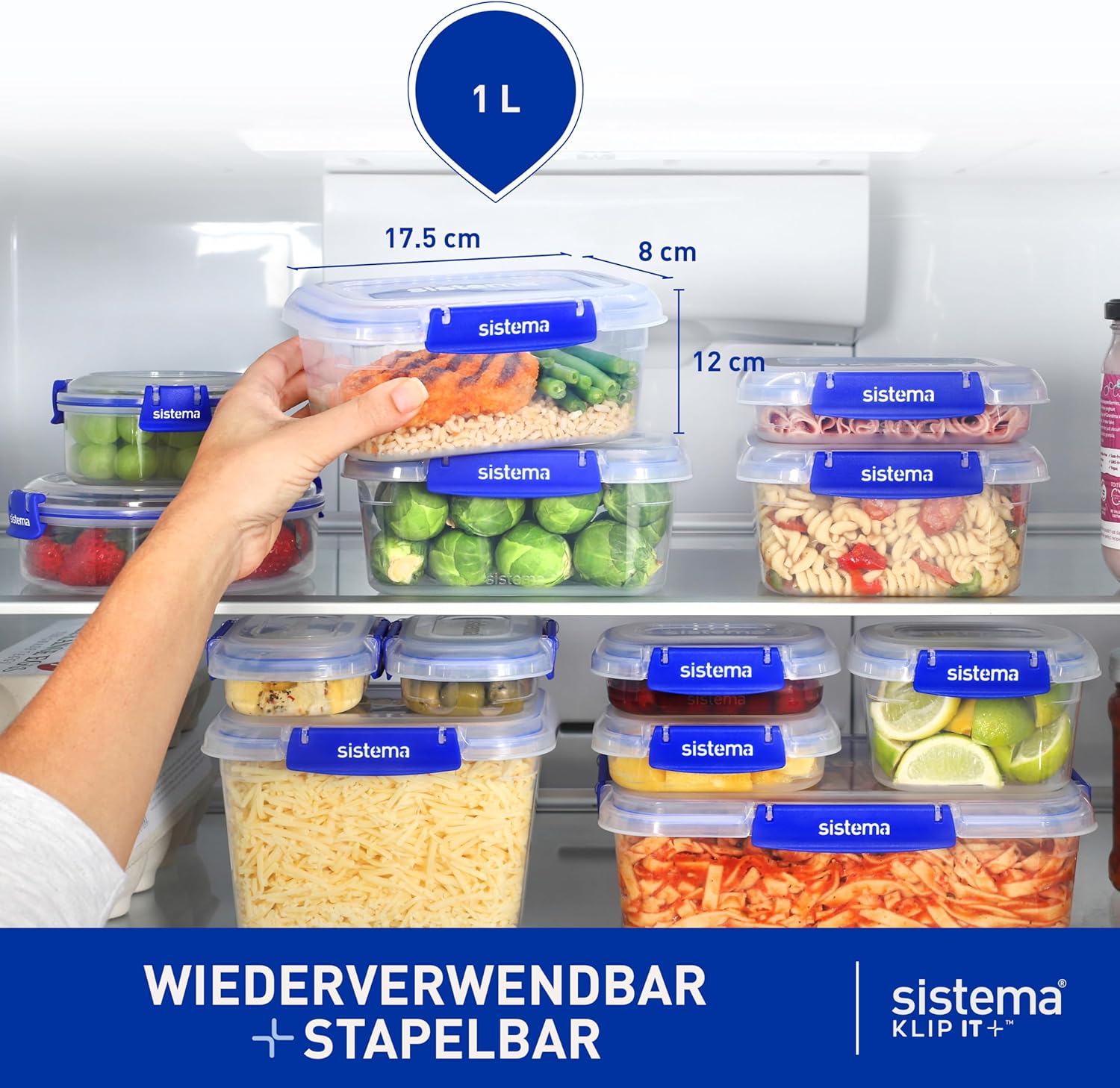 Sistema KLIP IT PLUS Frischhaltedosen-Set, 1 l, 4 luftdichte Behälter, auslaufsicherer Verschluss, einfach zu verschließende Clips, BPA-frei – Bild 3