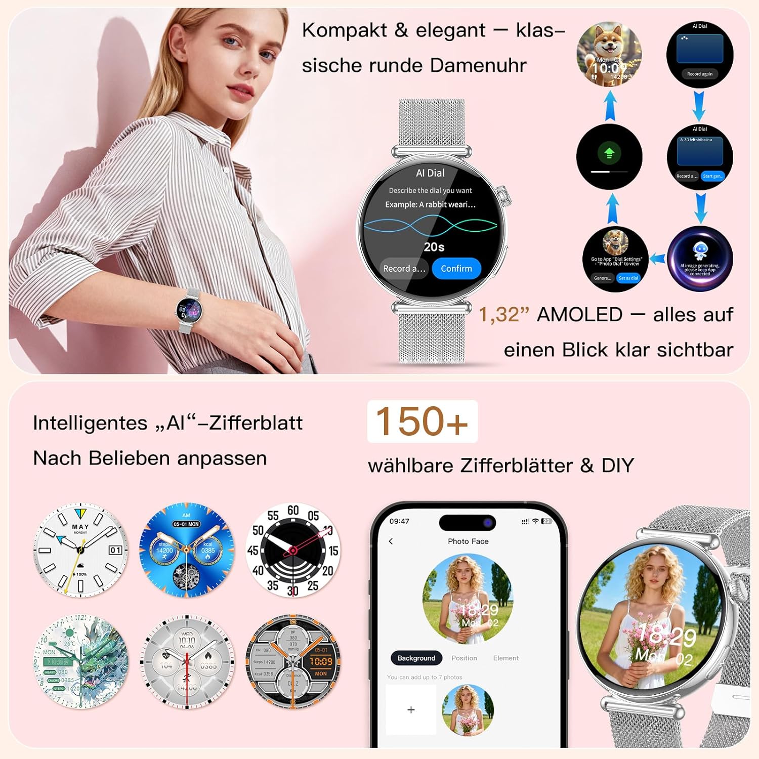 2026 Damen-Smartwatch mit EKG-/Blutdruckmessung, 1,32 Zoll AOD-Gesundheitsuhr mit AI-Zifferblatt und AI Smart Q&A, Bluetooth-Anrufe/SpOE₂/Schlaf/Puls/HRV/BMI/Menstruationszyklus/Stress, kleine Runde – Bild 2