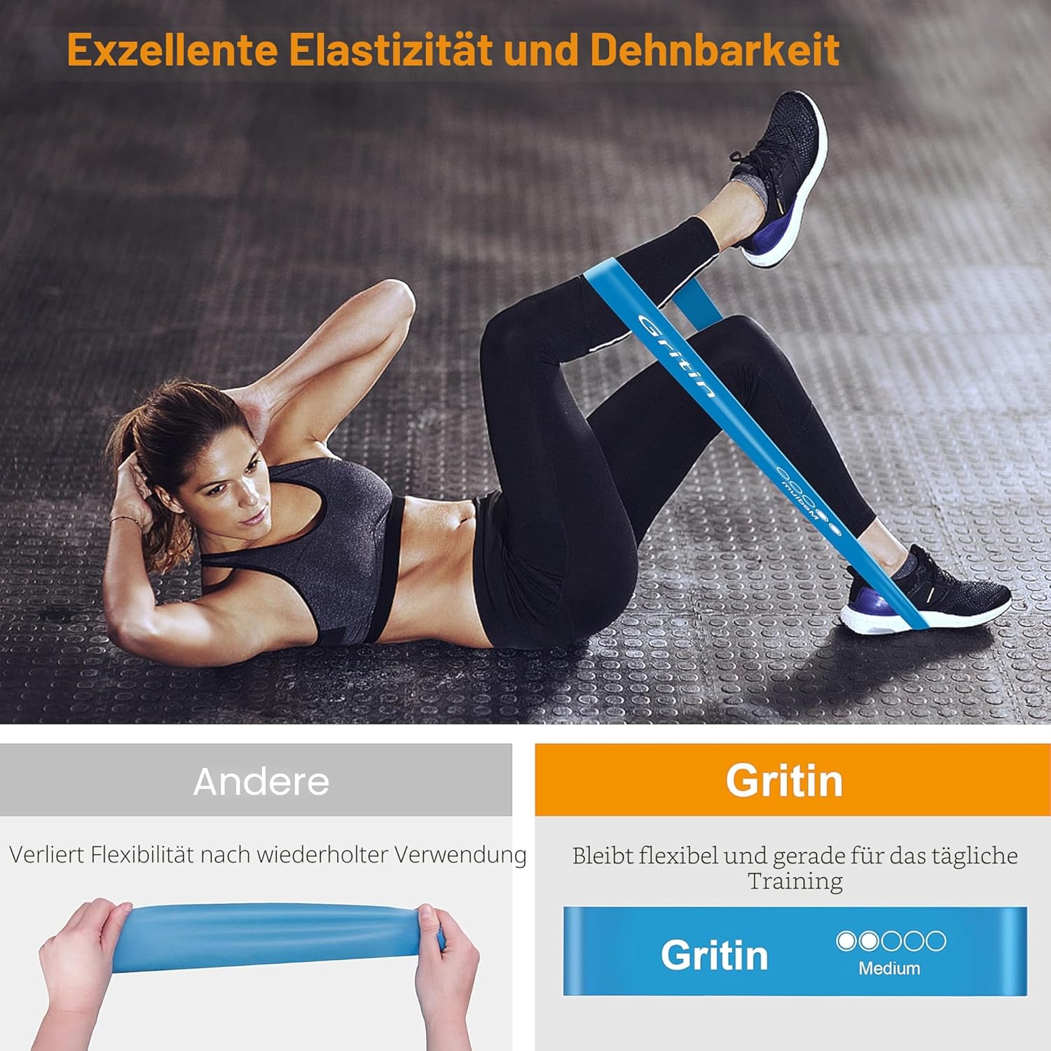 Gritin Fitnessbänder (5er Set) Widerstandsbänder mit 5 Stufen, 100% Latex Fitnessband Widerstand mit deutscher Übungsanleitung und Tragetasche, Gymnastikband für Muskelaufbau, Yoga – Bild 4