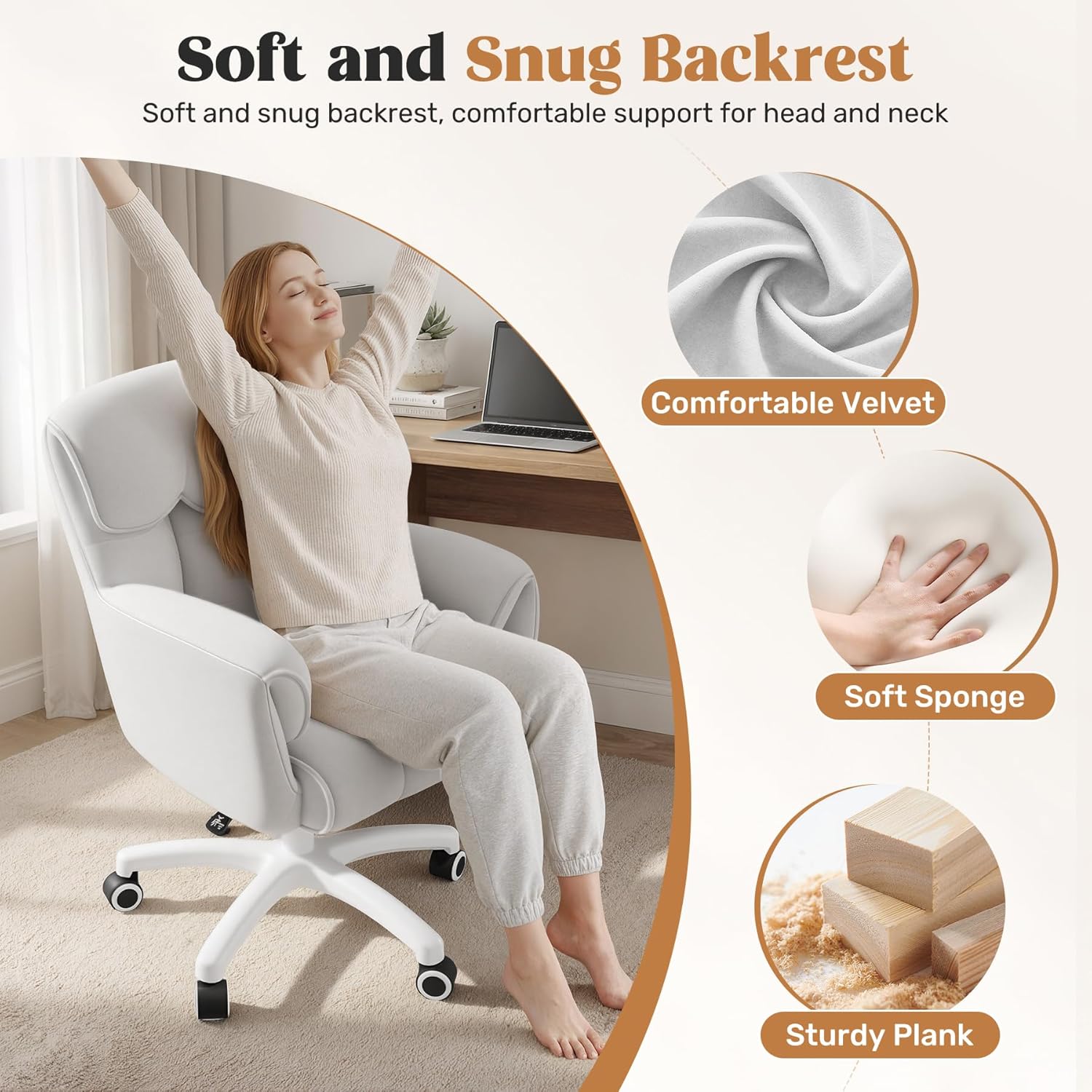 Ergonomischer Bürostuhl, höhenverstellbarer Schreibtischstuhl mit Armlehnen, 360° drehbar, Samtbezug, für Home Office und Büro, belastbar bis 150 kg, weiß – Bild 4