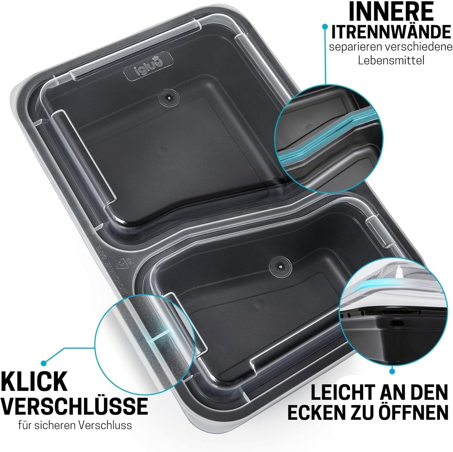 Igluu Meal-Prep-Behälter mit 2 Fächern, Lebensmittelbox, Lunchbox, mikrowellengeeignet, spülmaschinenfest und wiederverwendbar, luftdichter Deckelverschluss, BPA-frei, 10 Stück – Bild 3
