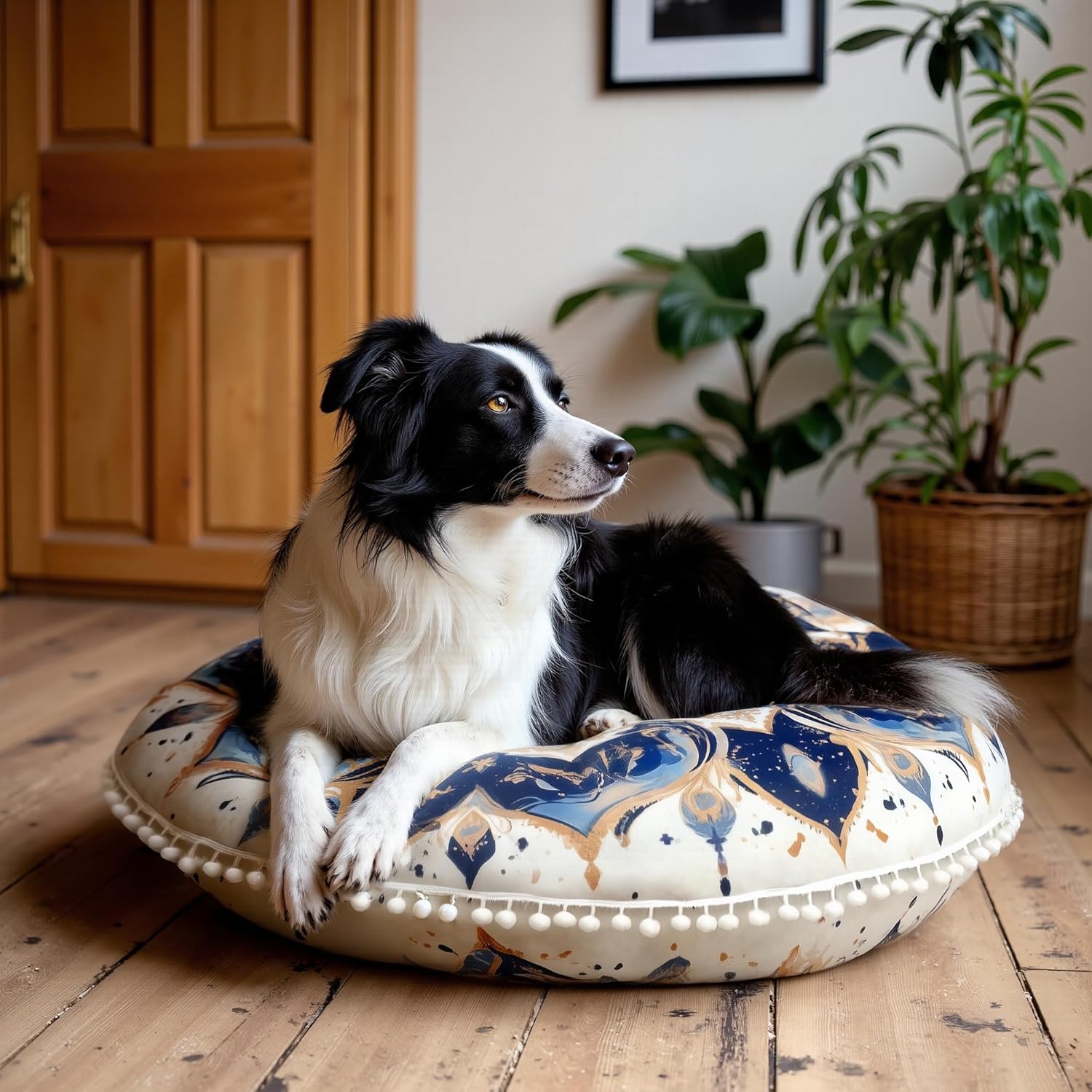 Meditations-Bodenkissen, rundes Sitzkissen mit waschbarem und abnehmbarem Bezug, 80 cm großes ergonomisches Yogakissen mit Pompon-Dekor, für den Innen- und Außenbereich, Marineblau – Bild 8