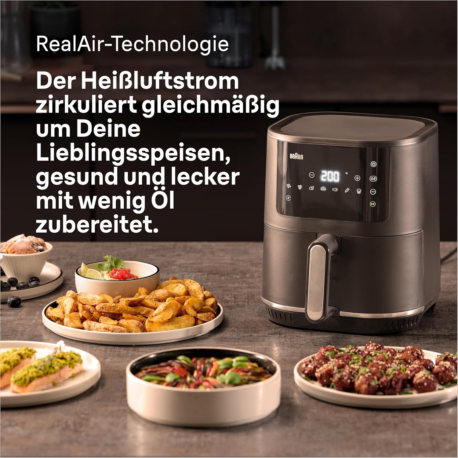 Braun MultiFry 3 HF 3030 Heißluftfritteuse, 4,3 l, 1500 W, digitale Temperaturregelung, 80-200 °C, Timer, 8 Programme, Touch-Steuerung, Antihaftbeschichtung, Garkorb & Rost, spülmaschinenfest, Schwarz – Bild 4