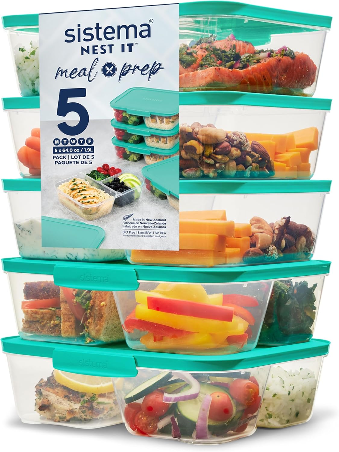 Sistema Nest IT Frischhaltedosen, Meal-Prep-Boxen | 1,9 Liter luftdichte Vorratsgläser mit drei Fächern und Deckel | Grün | 5 Stück