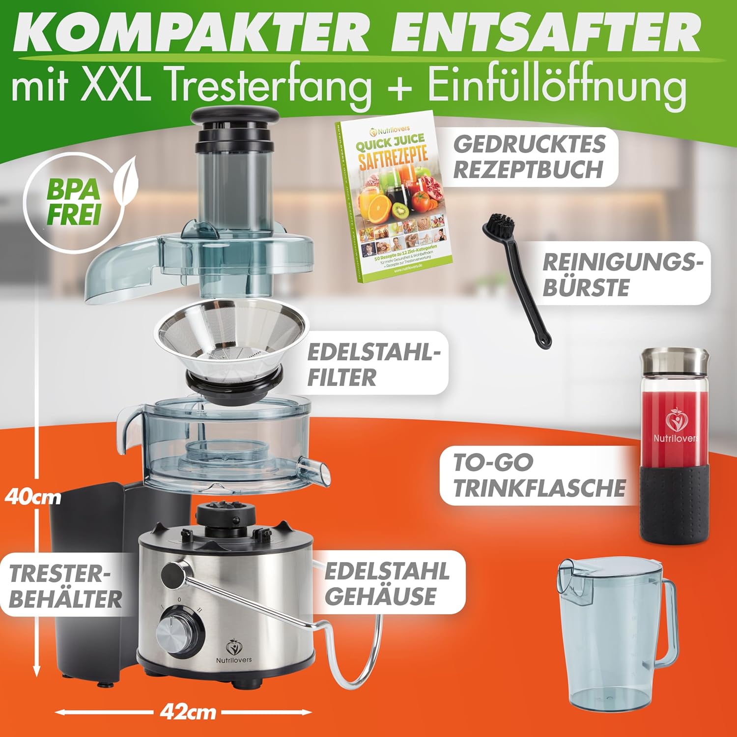 Nutrilovers Schnellentsafter Max, Zentrifugalentsafter, Obst- und Gemüsepresse, 800 W, XXL-Schlitz, Edelstahlsieb, externer Tresterbehälter, BPA-frei, inklusive Trinkflasche + Rezeptbuch – Bild 2
