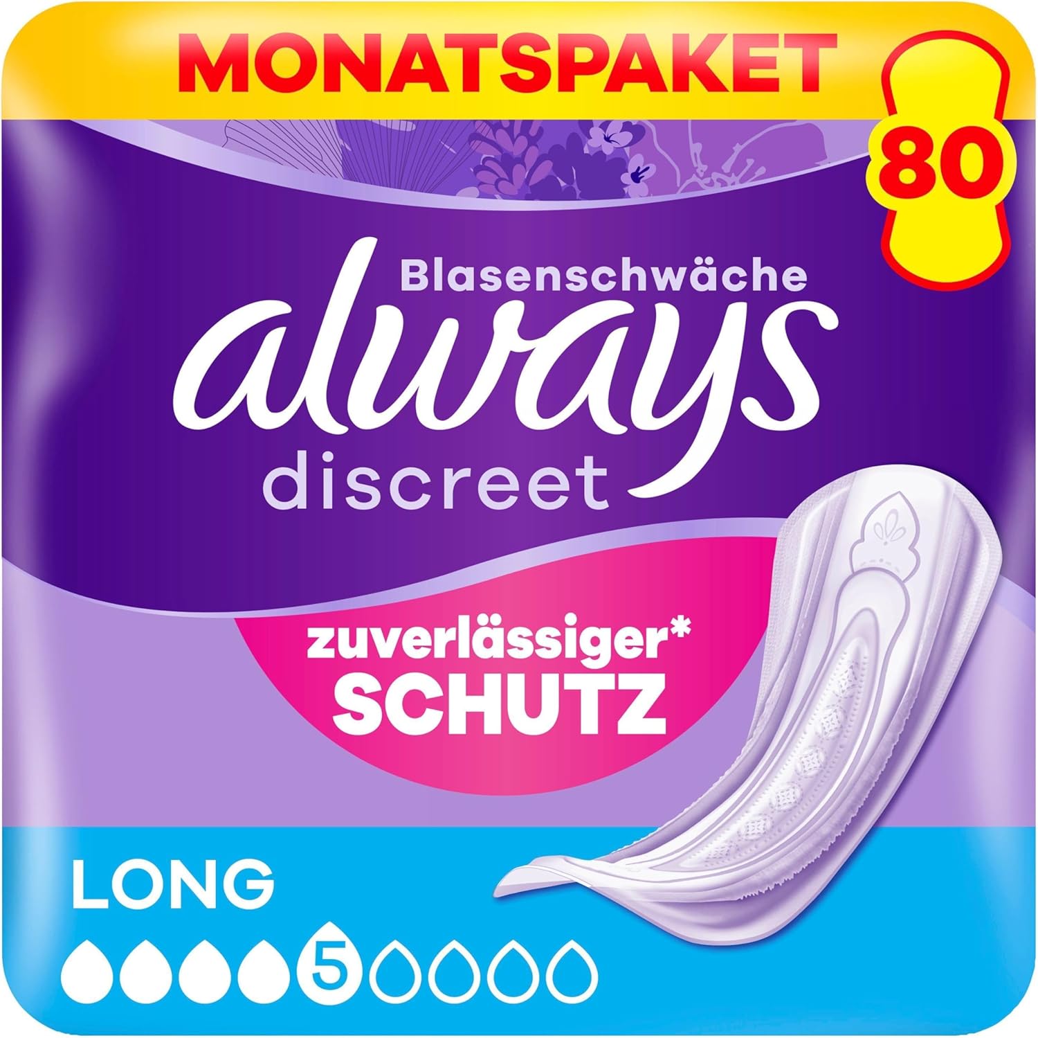 Always Discreet Inkontinenzeinlagen lang, 80 Einlagen (4 x 20 Stück), Monatspackung, diskreter Schutz und hohe Saugfähigkeit, schließt Gerüche und Flüssigkeit sofort ein (Verpackung kann variieren)