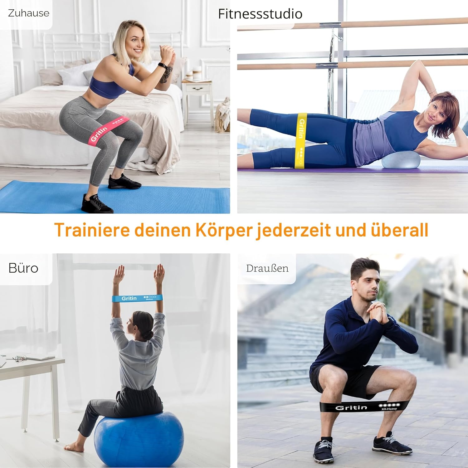 Gritin Fitnessbänder (5er Set) Widerstandsbänder mit 5 Stufen, 100% Latex Fitnessband Widerstand mit deutscher Übungsanleitung und Tragetasche, Gymnastikband für Muskelaufbau, Yoga – Bild 7