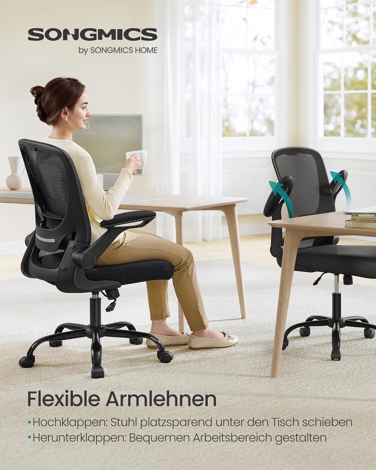 SONGMICS OBN37BK Bürostuhl, Schreibtischstuhl, Netzdrehstuhl, ergonomisch, gepolsterte Lordosenstütze, Wippe, 53 cm Sitzfläche, klappbare Armlehnen, Schwarz – Bild 7