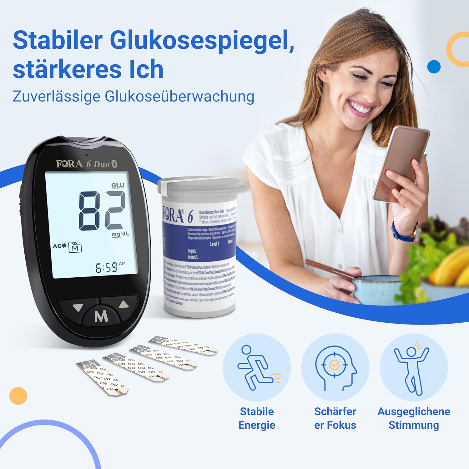 FORA 6 Duo Blutzucker- und Ketonmessgerät-Set – mit 60 Blutzucker-Teststreifen | 2-in-1-Messgerät (Glukosestreifen im Lieferumfang enthalten, Ketonstreifen separat erhältlich) – Bild 2