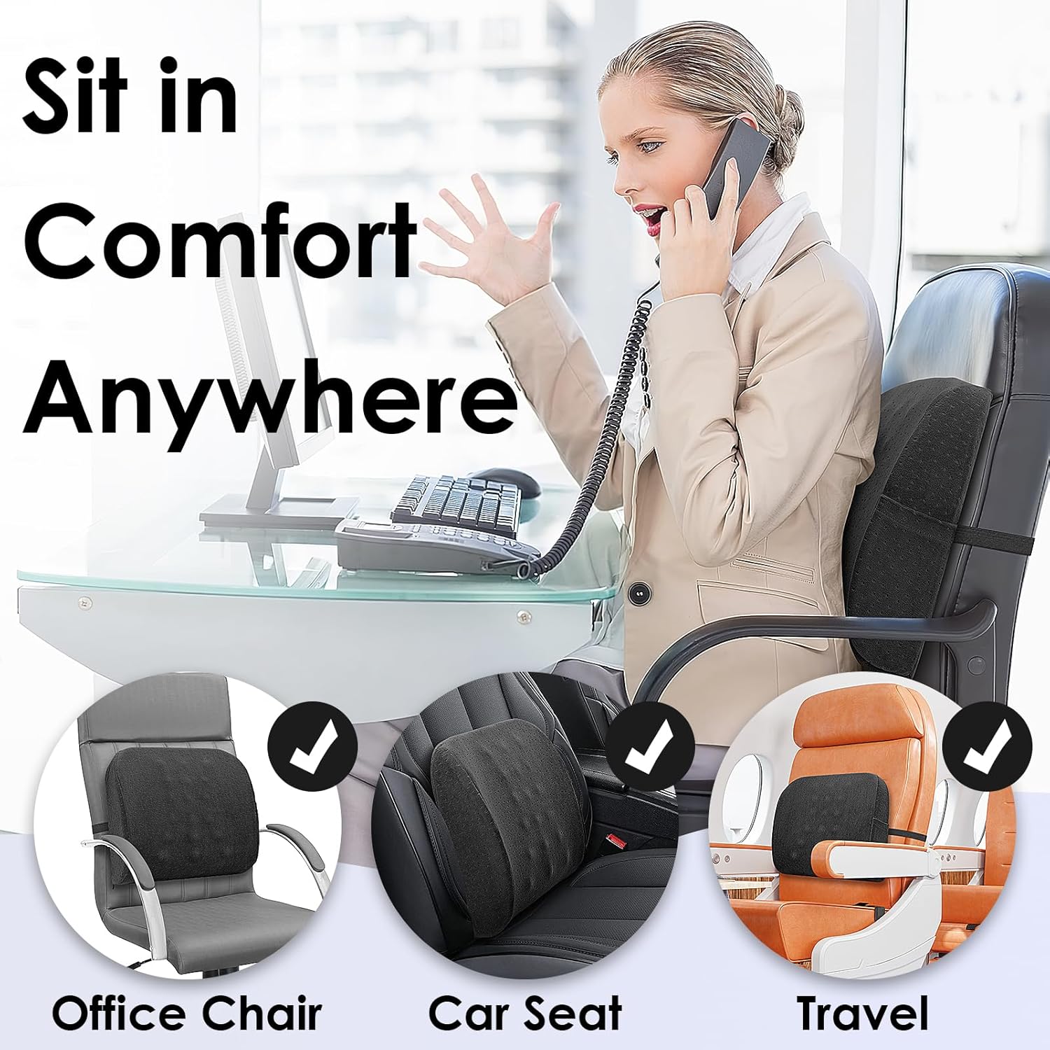 Auto-Lendenkissen, Memory-Schaum-Lendenwirbelstützkissen, Autositz-Rückenkissen, ergonomisches Rückenkissen für Auto, Zuhause, Büro, Rollstuhl, Schwarz – Bild 4