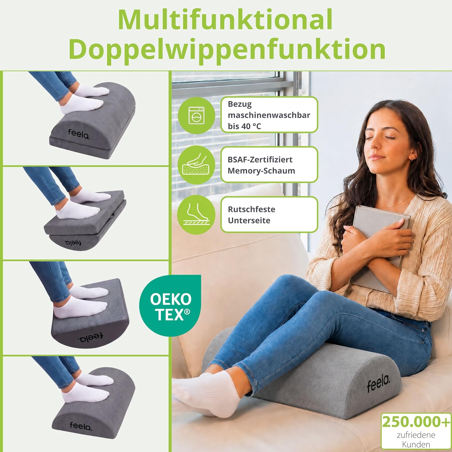 Feela. Fußstützen-Schreibtisch (Vergleichssieger) – Ergonomischer Fußhocker mit Premium-Schaumstoffkern & integriertem Wärmekissen – rutschfest, höhenverstellbar, Schreibtischzubehör (Dunkelgrau) – Bild 4