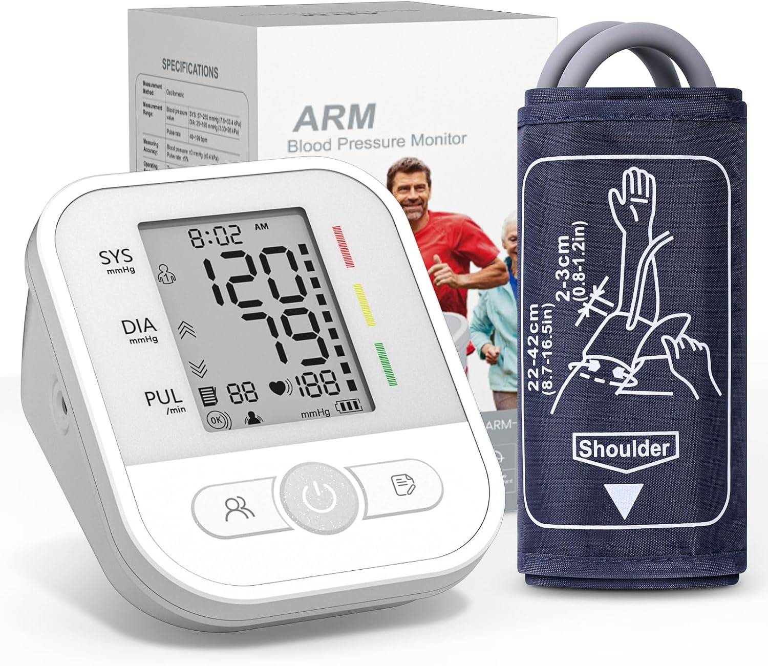 Oberarm-Blutdruckmessgerät mit LCD-Display und verstellbarer Manschette (22–42 cm), automatisches Blutdruckmessgerät mit One-Touch-Bedienung