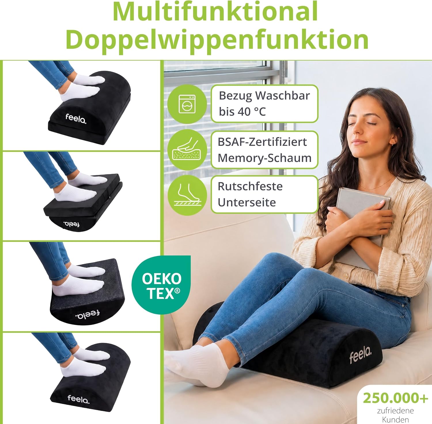 Feela. Schreibtisch-Fußstütze (Vergleichssieger) – Premium-Schaumstoffkern, höhenverstellbarer Fußhocker (rutschfest), ergonomische Fußstütze für Schreibtisch, Heimbüro-Zubehör, Fußhocker (schwarz) – Bild 3