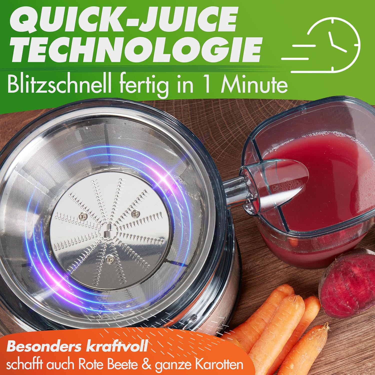 Nutrilovers Schnellentsafter Max, Zentrifugalentsafter, Obst- und Gemüsepresse, 800 W, XXL-Schlitz, Edelstahlsieb, externer Tresterbehälter, BPA-frei, inklusive Trinkflasche + Rezeptbuch – Bild 4