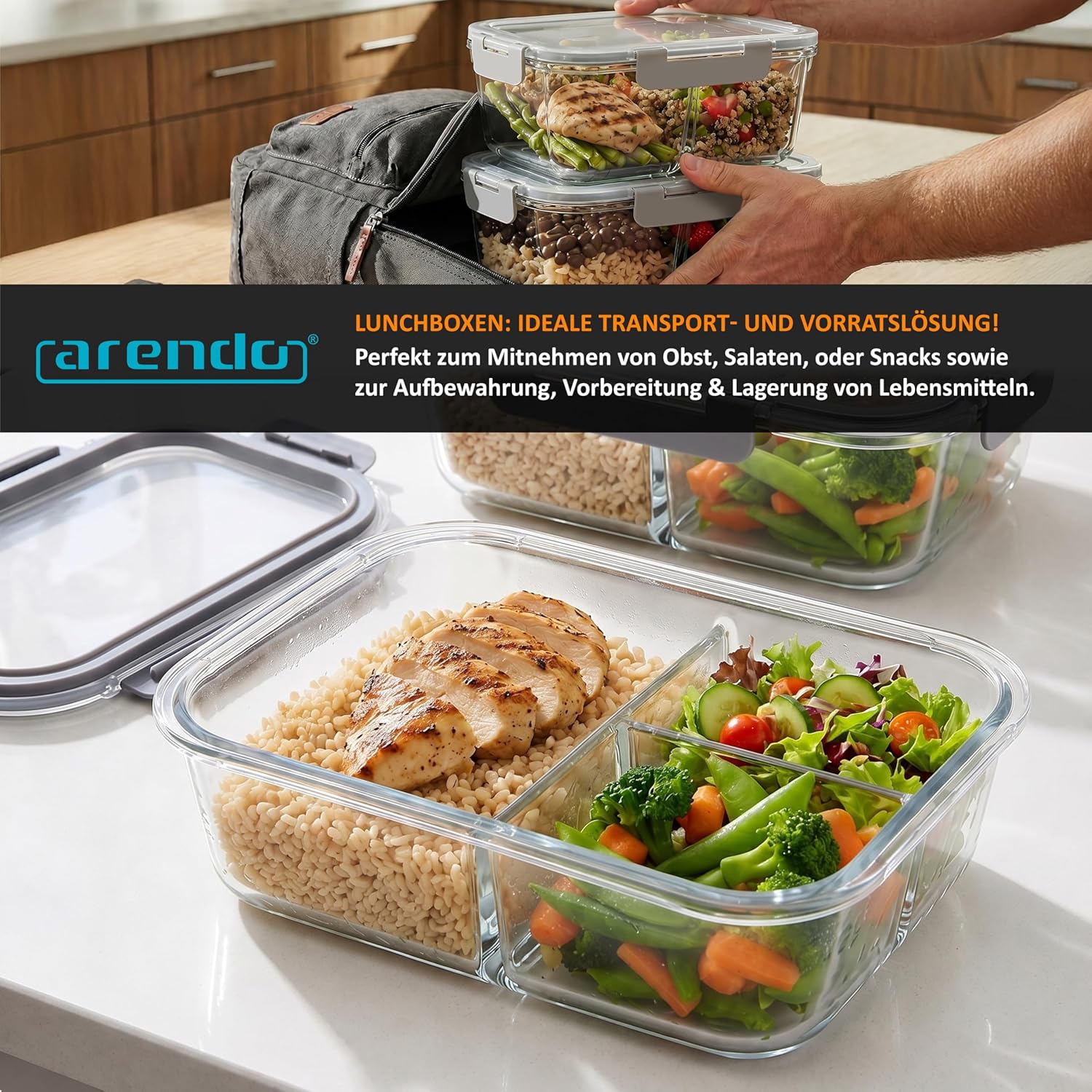 Arendo – Lunchboxen aus Glas – 3 Fächer – Frischhaltedosen mit Deckel, luftdicht – 2er-Set – 1500 ml – für Mikrowelle, Backofen, Gefrierschrank – spülmaschinenfest – Vorratsgläser für die Zubereitung von Mahlzeiten – Bild 4