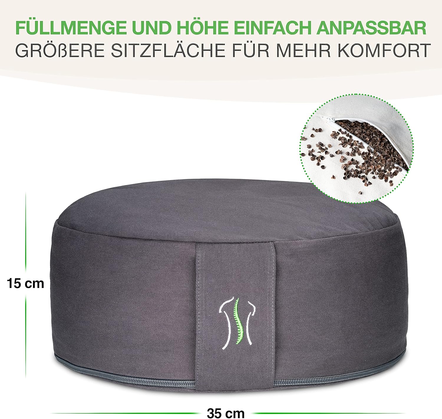 Backlaxx Yogakissen Meditationskissen XL 35 cm 30 % mehr Sitzfläche 15 cm hoch mit Buchweizenfüllung Yoga Sitzkissen Unterlage Perfektes Meditationszubehör Yogakissen rund inkl. Videokurs – Bild 3