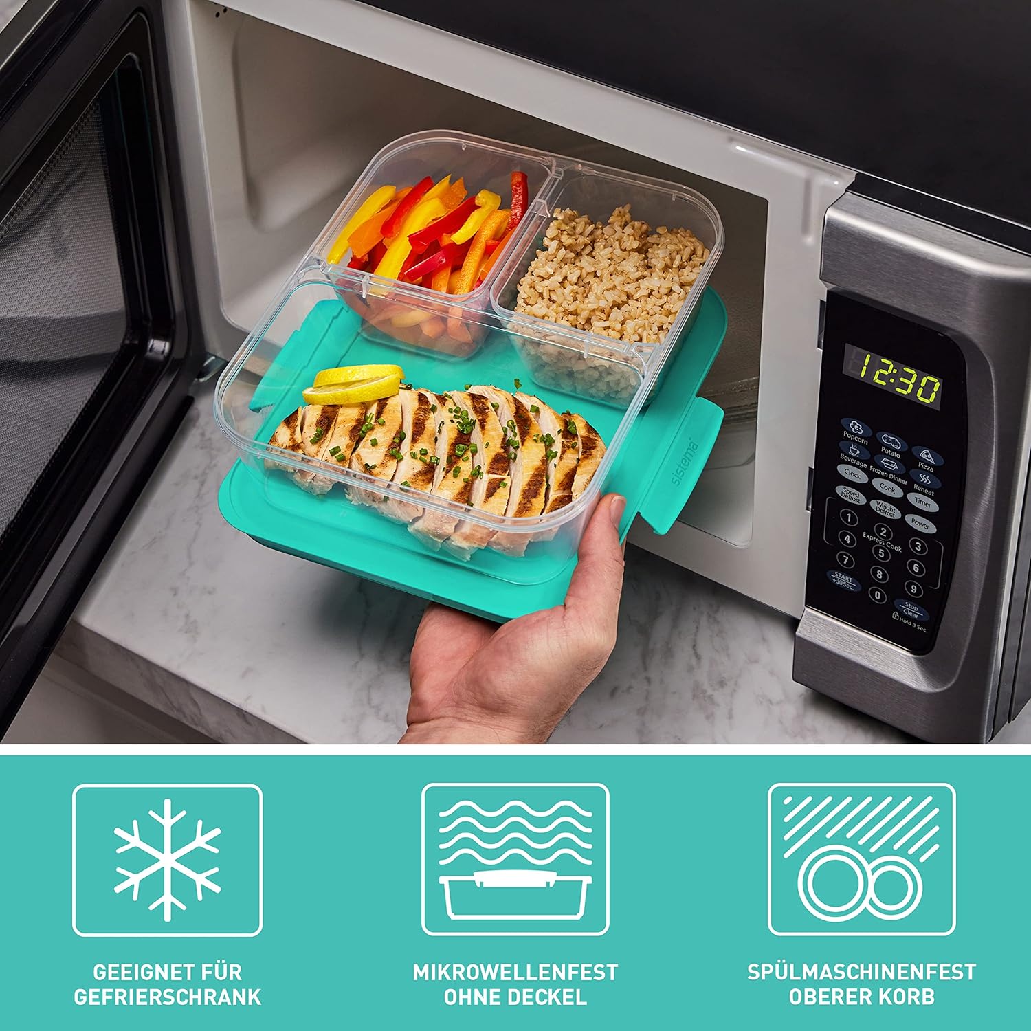 Sistema Nest IT Frischhaltedosen, Meal-Prep-Boxen | 1,9 Liter luftdichte Vorratsgläser mit drei Fächern und Deckel | Grün | 5 Stück – Bild 6