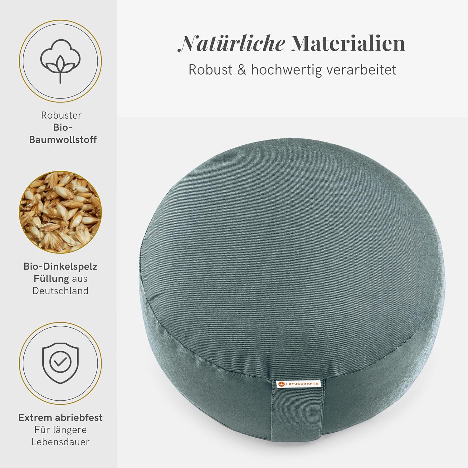 Lotuscrafts Yogakissen Meditationskissen Runder Lotus – Bezug aus nachhaltiger Bio-Baumwolle – GOTS-zertifiziert – Sitzhöhe 15 cm – Bequeme & entspannte Meditation – Yoga-Sitzkissen mit Dinkelfüllung – Bild 3