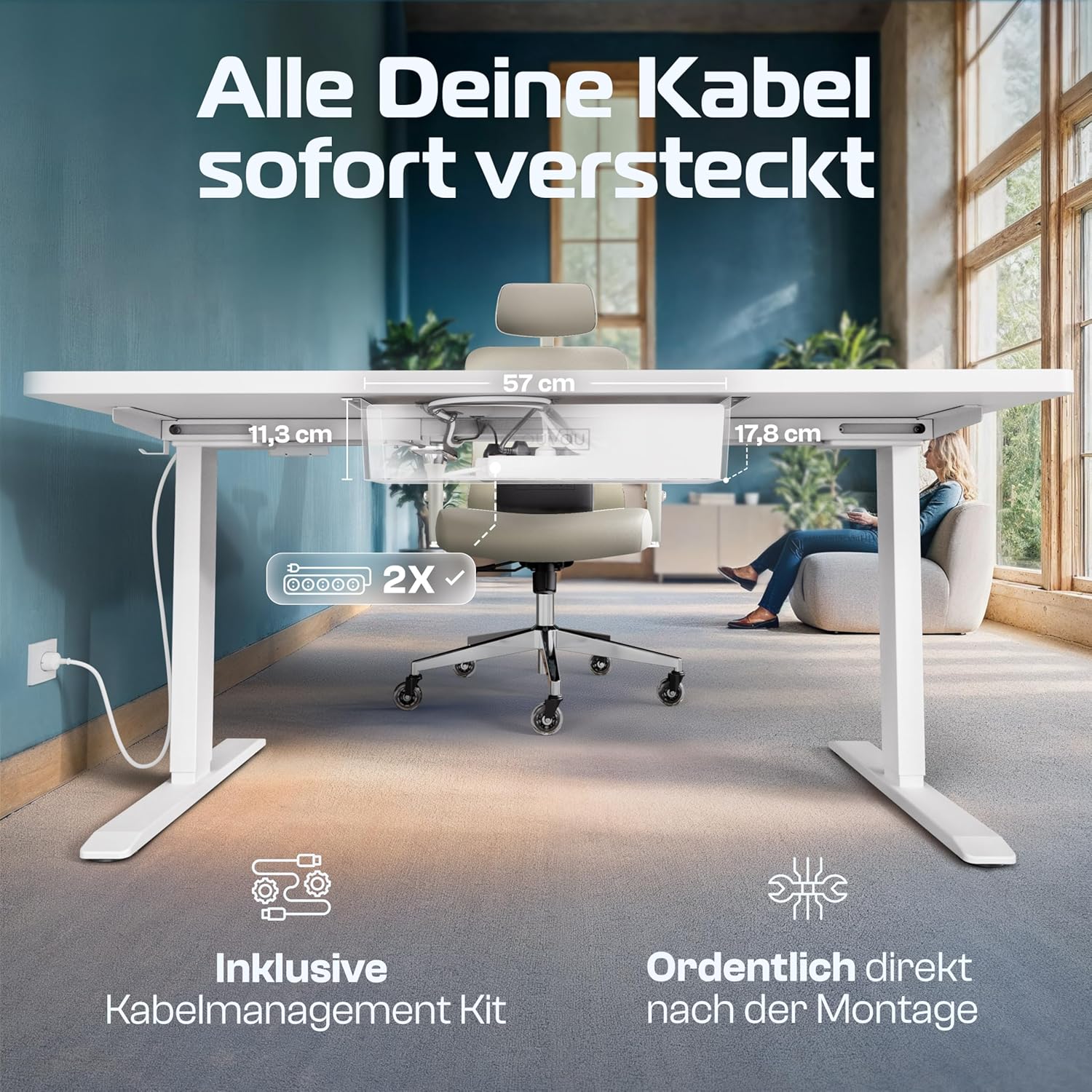 CLOUVOU ProDesk höhenverstellbarer elektrischer Schreibtisch 160 x 80 cm (Testsieger). Doppelmotorischer Schreibtisch, höhenverstellbarer elektrischer Schreibtisch mit Speicher, 2 x USB und Kabelversteck – Bild 5