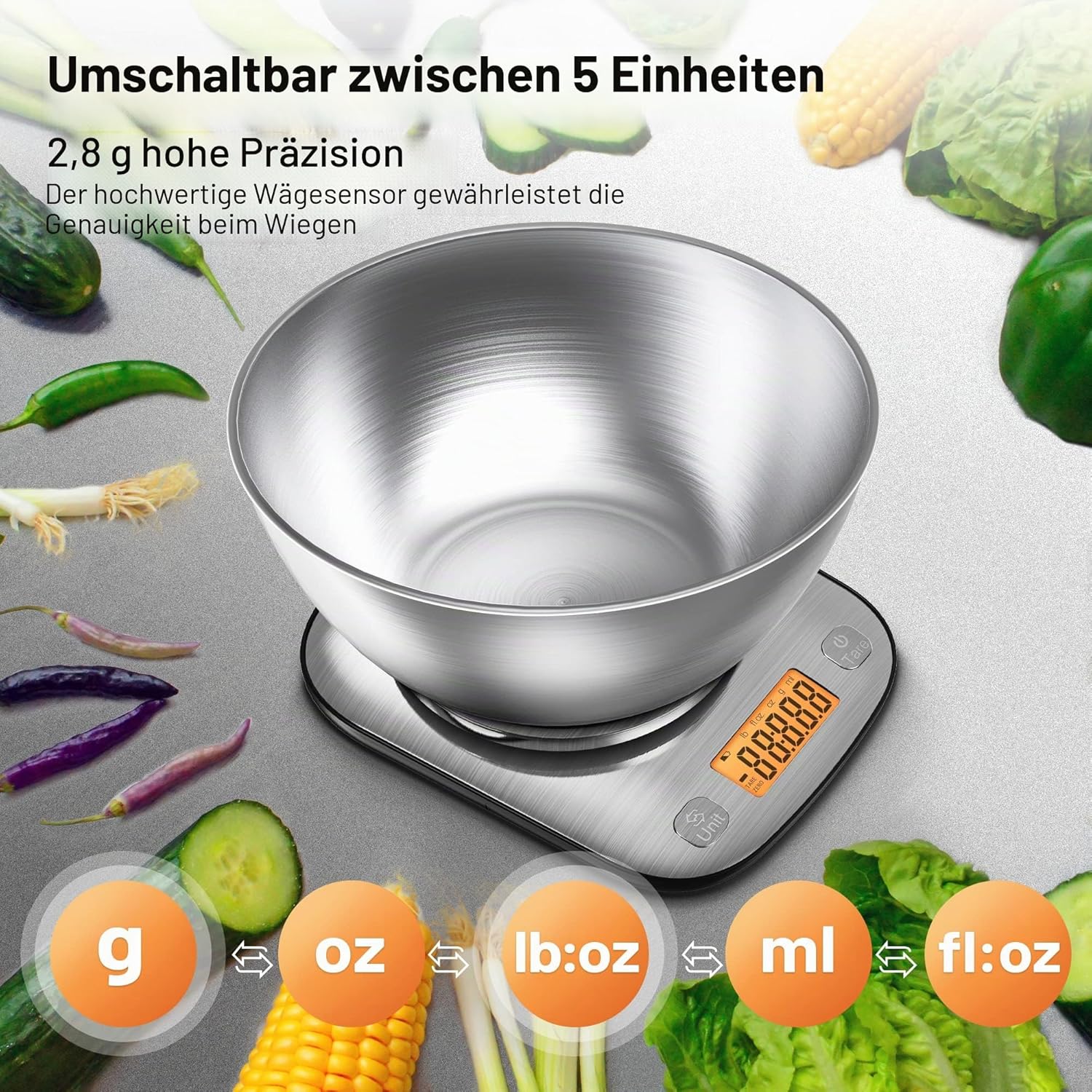 GRAM PRES Lebensmittel-Küchenwaage, digitales Gewicht in Gramm und Unzen, mit IPX6-Wasserdichtigkeit, professionelle digitale Küchen-Lebensmittelwaage aus Edelstahl, 11 lb/0,01 oz, mit Schüssel für Diät, Backen, Kochen – Bild 2
