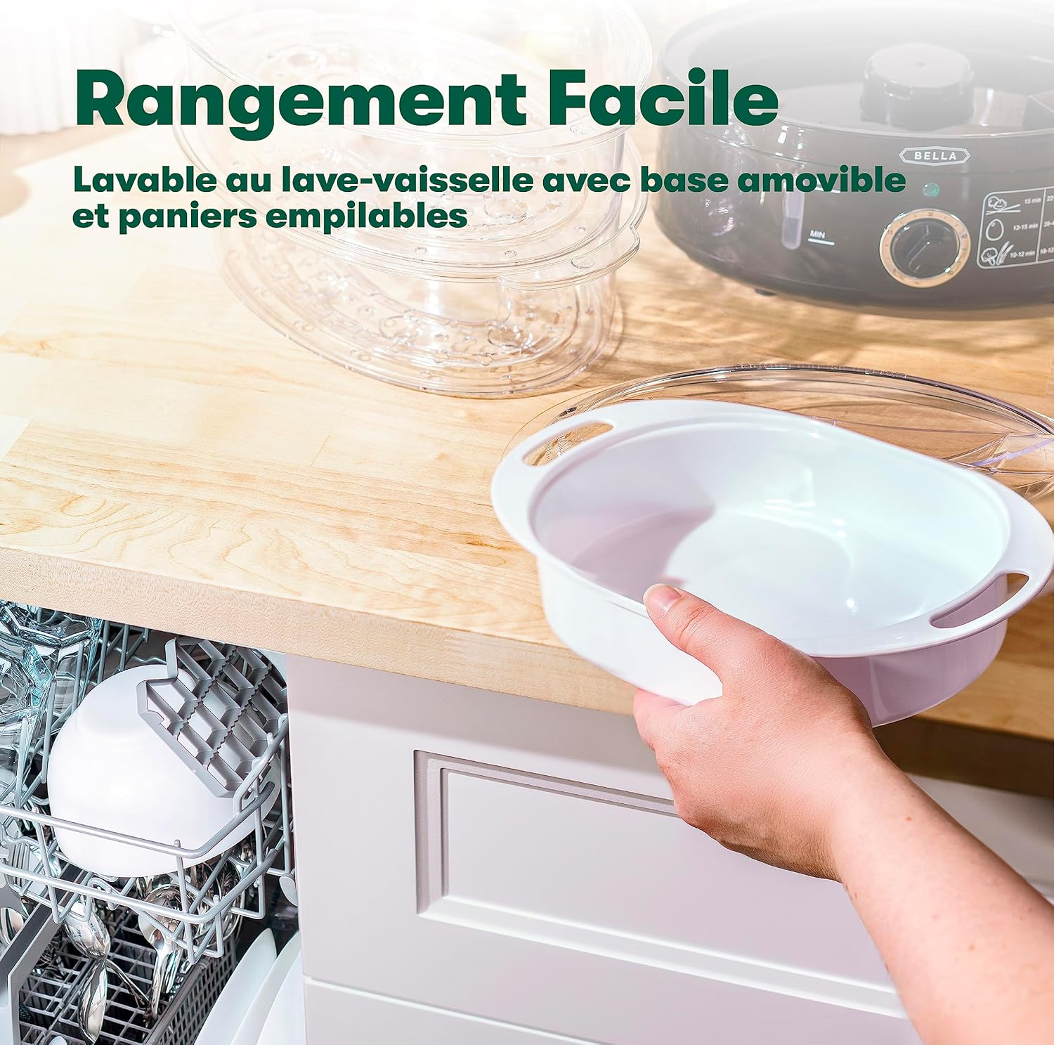 bella Zweistufiger Dampfgarer mit spülmaschinenfesten Deckeln, stapelbaren Körben und abnehmbarem Boden für schnelles, gleichzeitiges Kochen, automatische Abschaltung und Trockengehschutz, 7,4 l, Schwarz – Bild 5