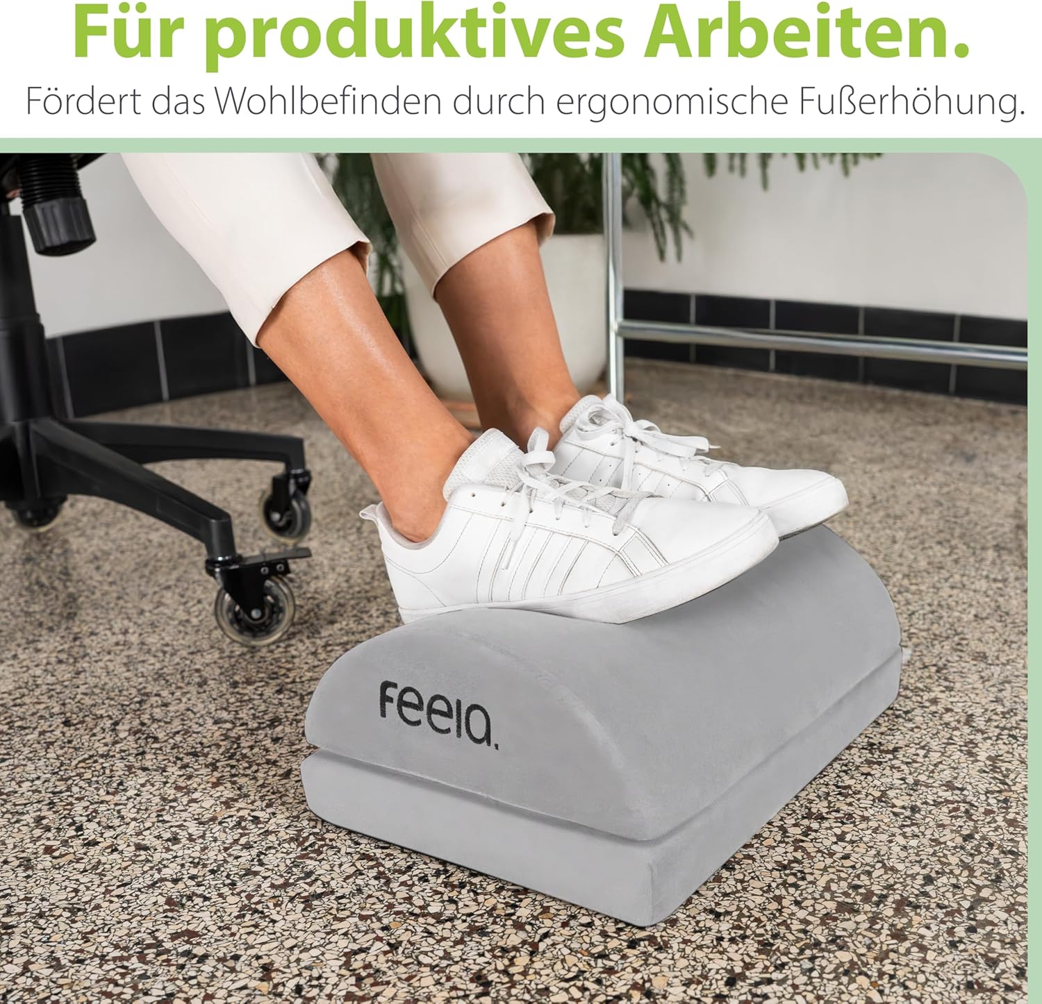 Feela. Fußstützen-Schreibtisch (Vergleichssieger) – Ergonomischer Fußhocker mit Premium-Schaumstoffkern & integriertem Wärmekissen – rutschfest, höhenverstellbar, Schreibtischzubehör (Silber) – Bild 7