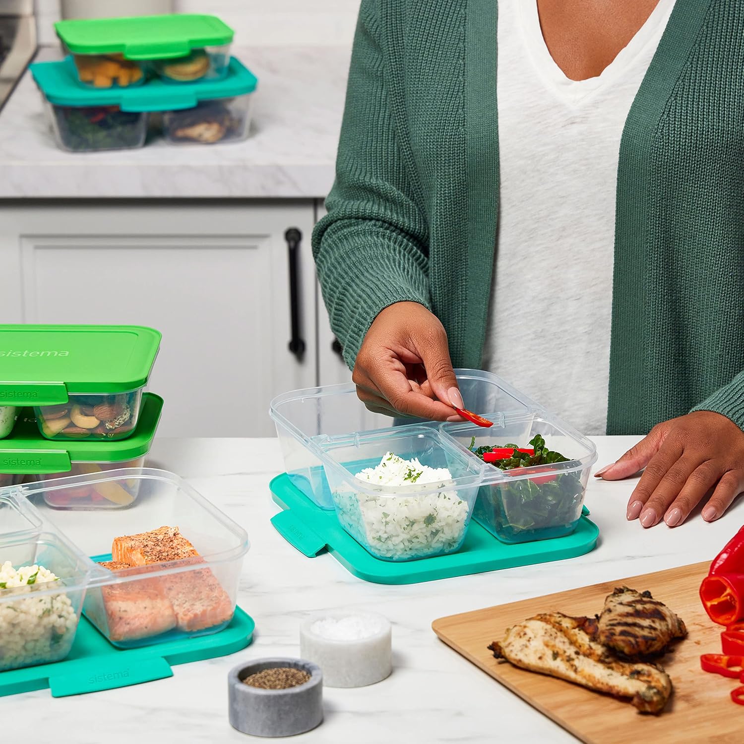 Sistema Nest IT Frischhaltedosen, Meal-Prep-Boxen | 1,9 Liter luftdichte Vorratsgläser mit drei Fächern und Deckel | Grün | 5 Stück – Bild 7