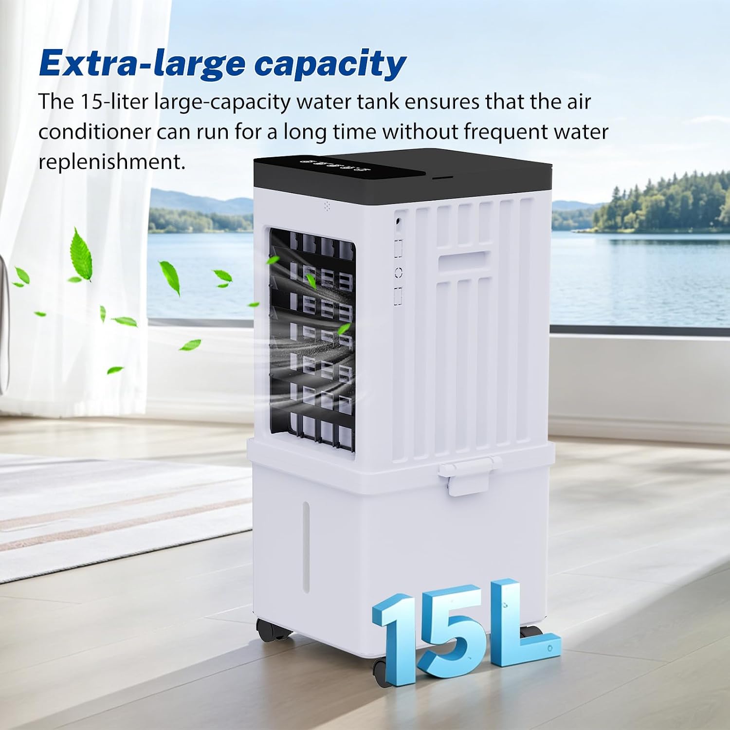 3-in-1-Luftkühler und Luftbefeuchter, tragbarer 60-cm-Luftkühler, 15-l-Wassertank, 3 Geschwindigkeiten und 3 Modi, super energiesparend, Digitalanzeige, 7,5-Stunden-Timer, mit 4 Rädern und Griff – Bild 7