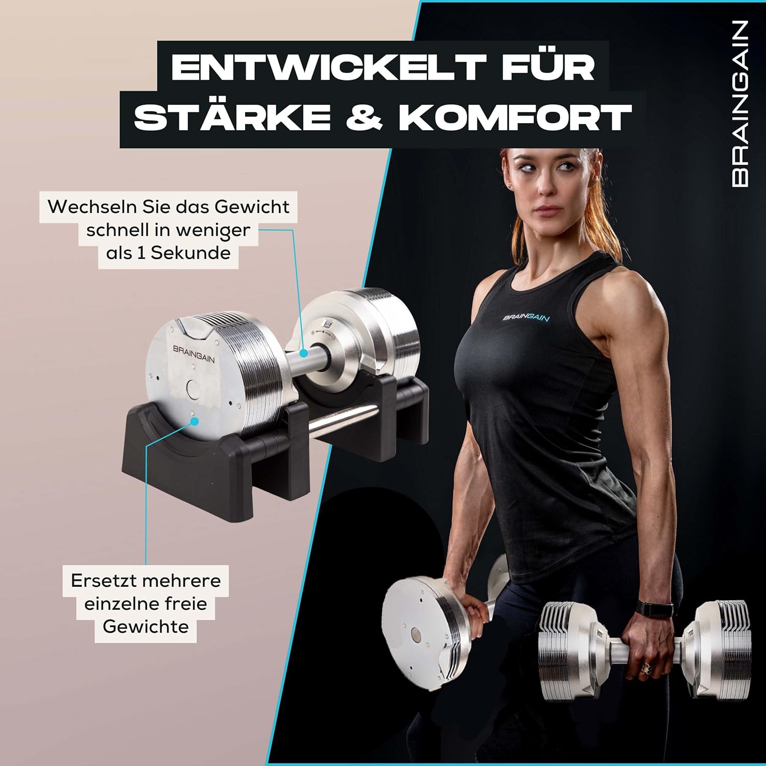 Verstellbares Hantelset von BRAINGAIN 23,5 kg / 32,5 kg / 41,5 kg – Jetzt mit 34 mm Gen 4-Griff – Gewichte in 1 Sekunde wechseln – Platzsparendes Homegym – Mehrere Gewichte in einem – Chrom/Schwarz – Bild 3
