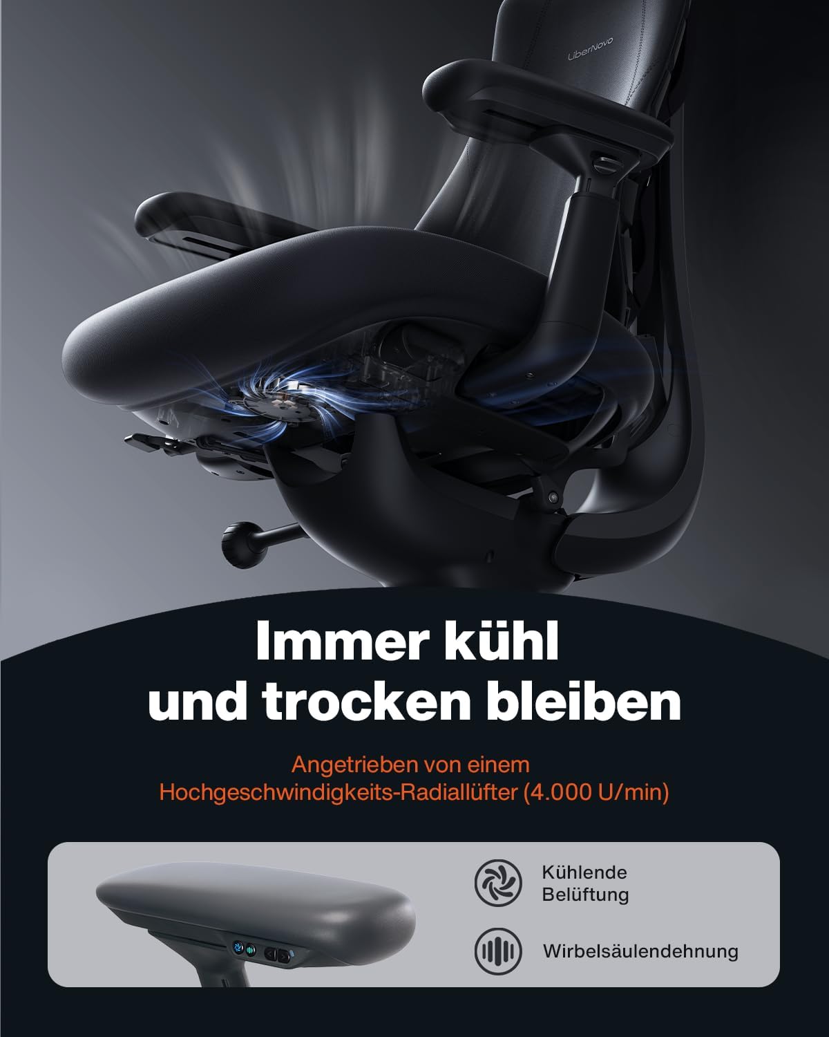 LiberNovo Pro Airflow Ergonomischer Bürostuhl, aktive Airflow-Sitzbelüftung mit 2 Lüfterstufen für sofortige Kühlung und langanhaltenden Komfort, 5 Neigungspositionen, Glacier 48 cm – Bild 4