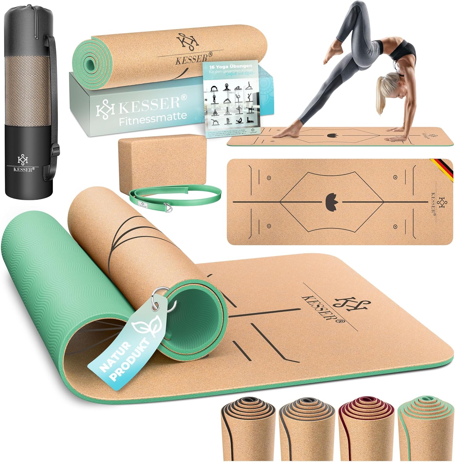 KESSER® Yogamatte aus Kork mit Tragegurttasche & Yogablock, Gymnastikmatte, Yogamatte, rutschfest, Naturkautschuk, TPE-Fitnessmatte, 183 x 62 cm, Trainingsmatte für Fitness, Sportmatte, Gymnastik, extra dick